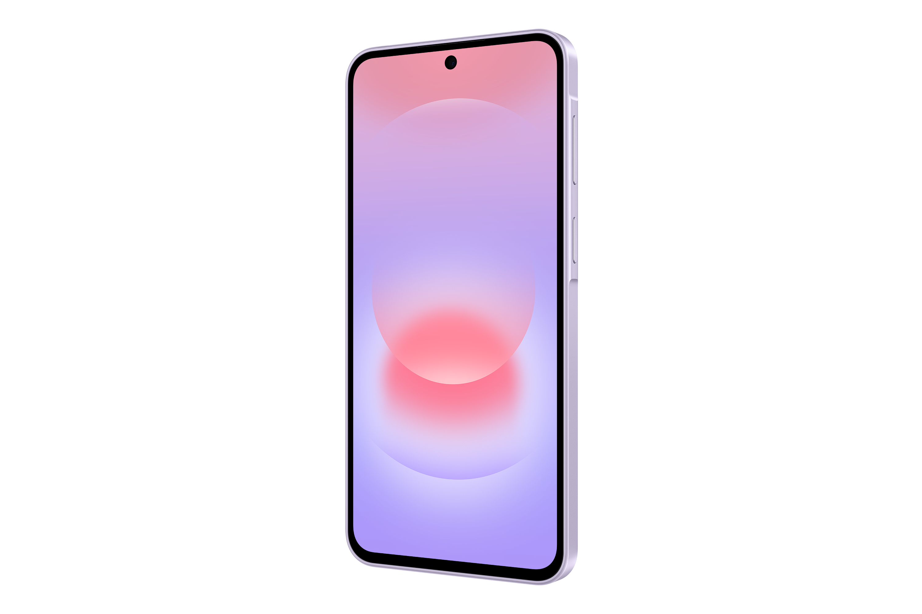 Ein hellviolettes Smartphone mit leerem Bildschirm und einem Kreis aus Rot und Rosa.
