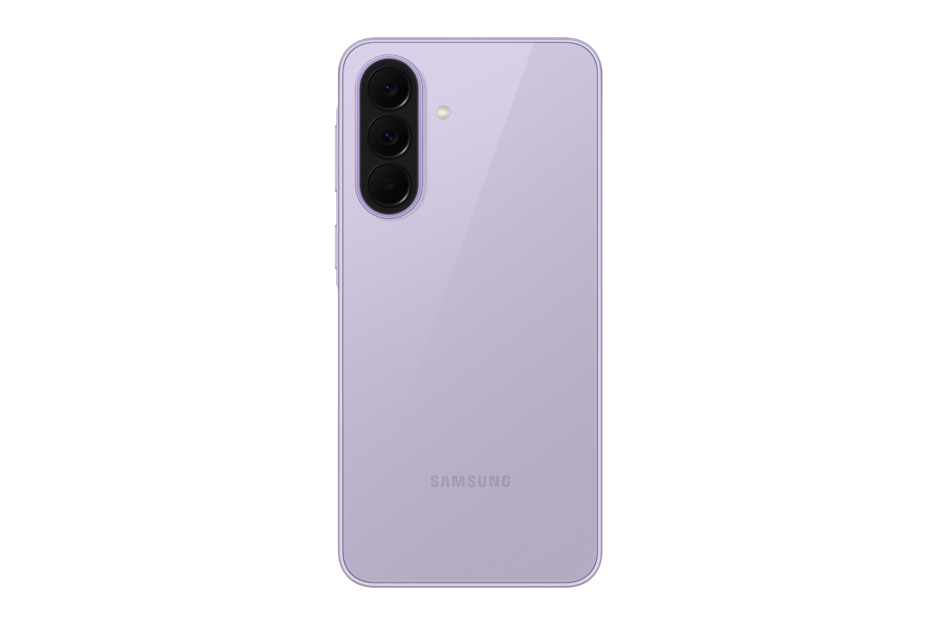 Rückseite eines lavendelfarbenen Smartphones mit drei Kameras und SAMSUNG-Logo.