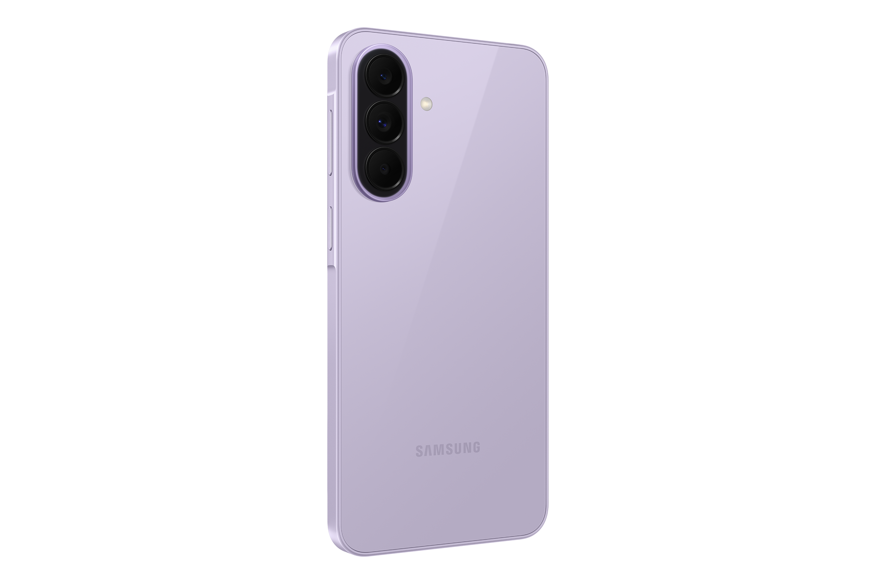 Ein lila Samsung Smartphone mit drei Kameras auf der Rückseite.