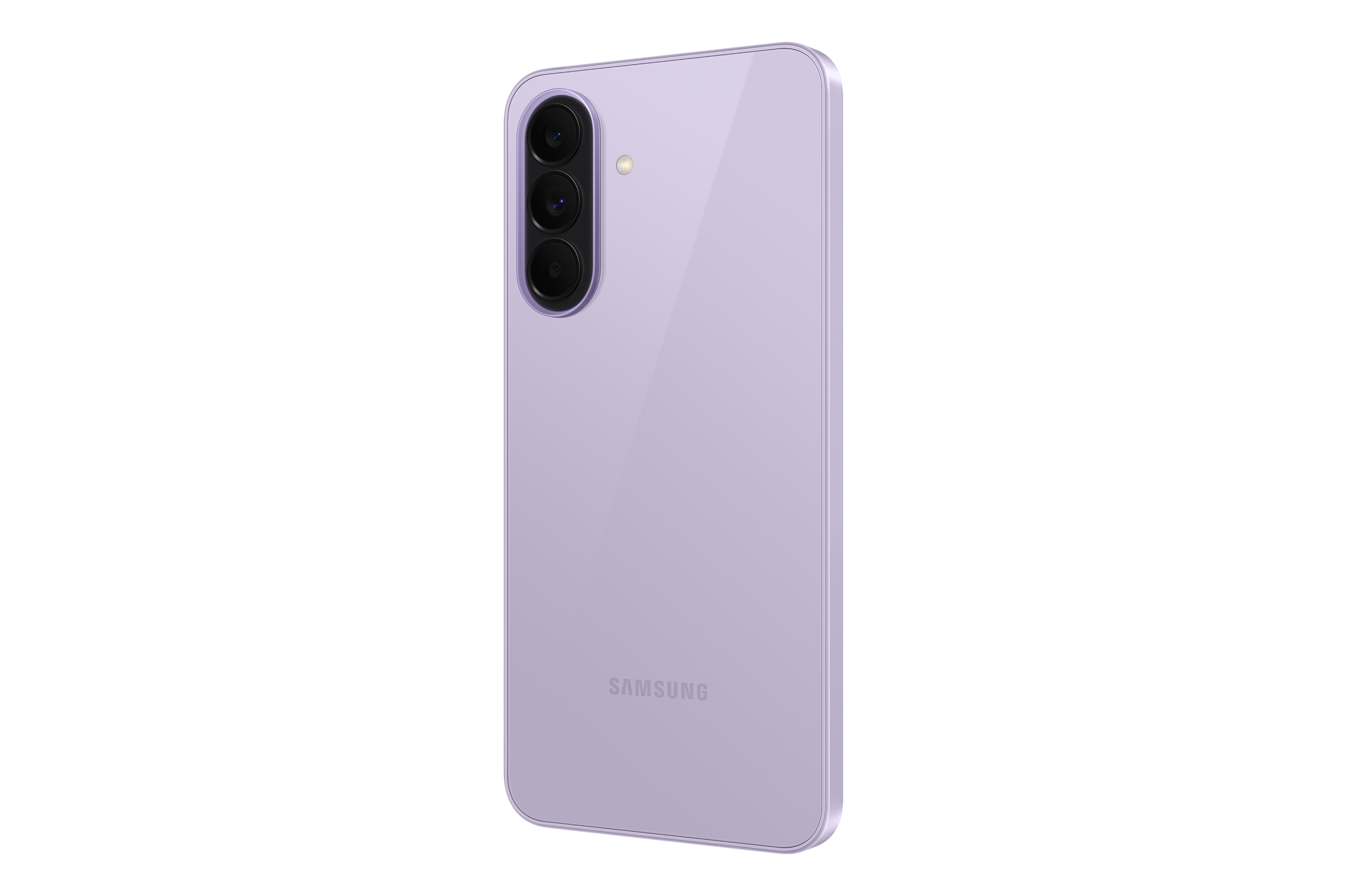 Rückseite eines hellvioletten Smartphones mit drei Kameras und Blitz.