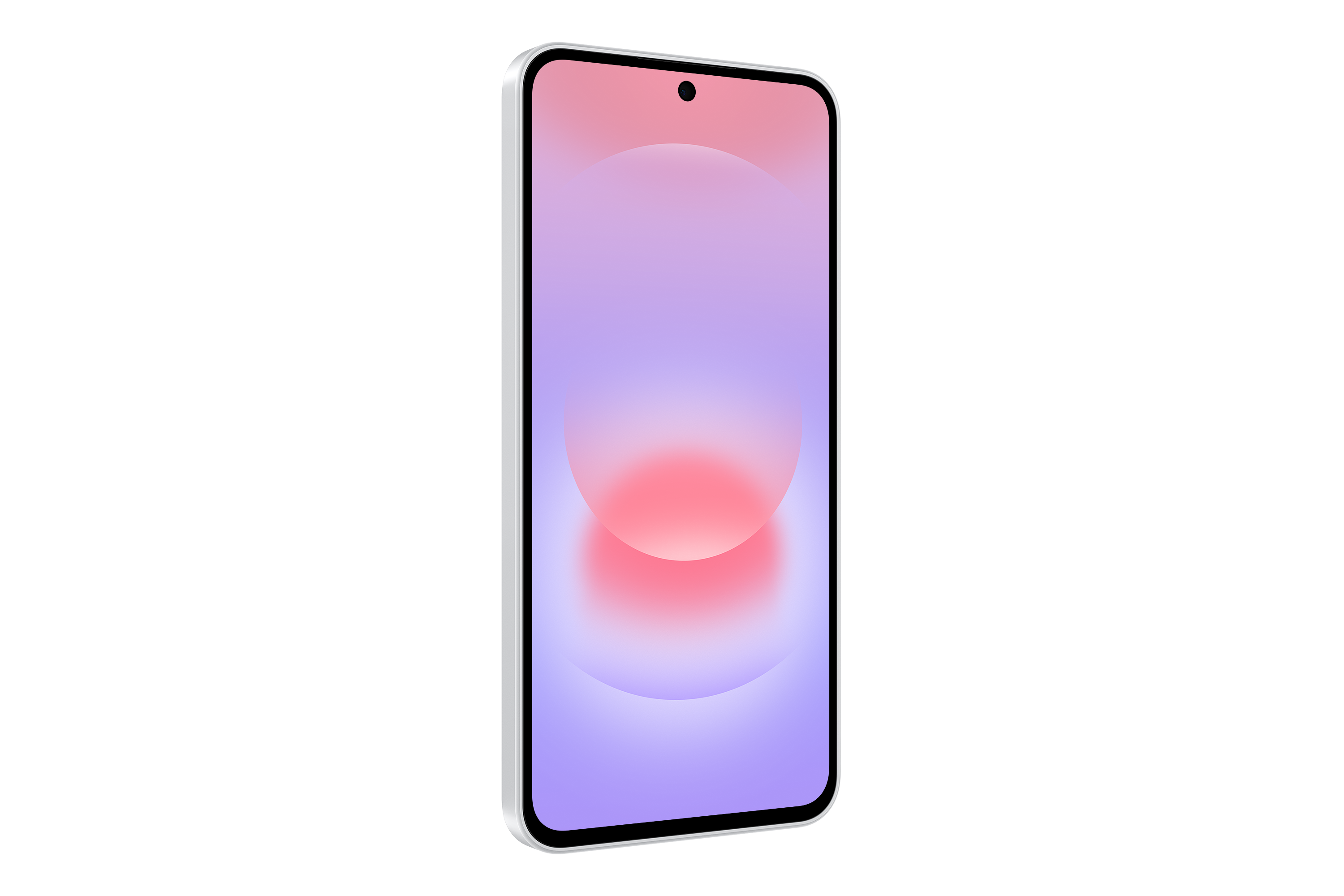 Ein schlankes Smartphone mit weißem Rahmen und einem Farbverlauf von Lila zu Rosa auf dem Bildschirm.