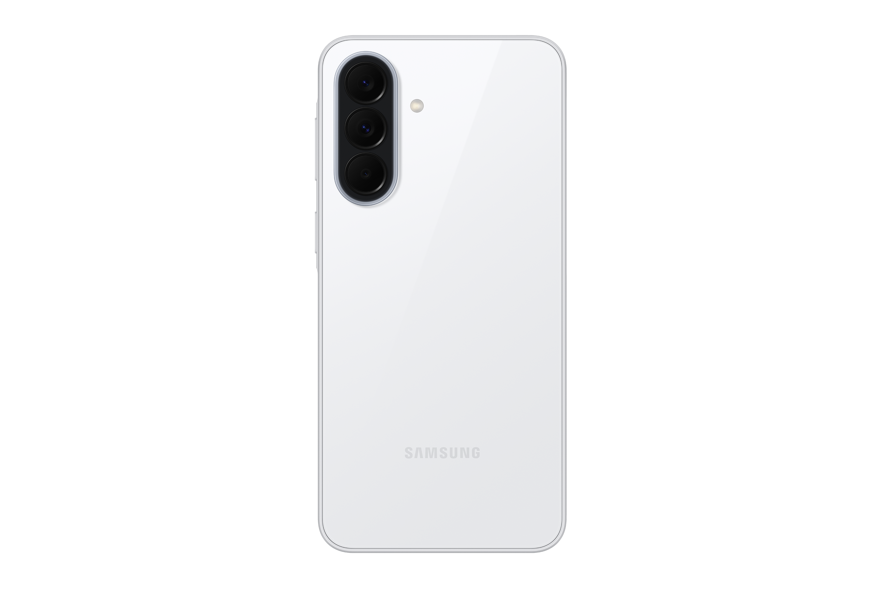Rückseite eines weißen Samsung Smartphones mit drei Kameralinsen und Blitz.