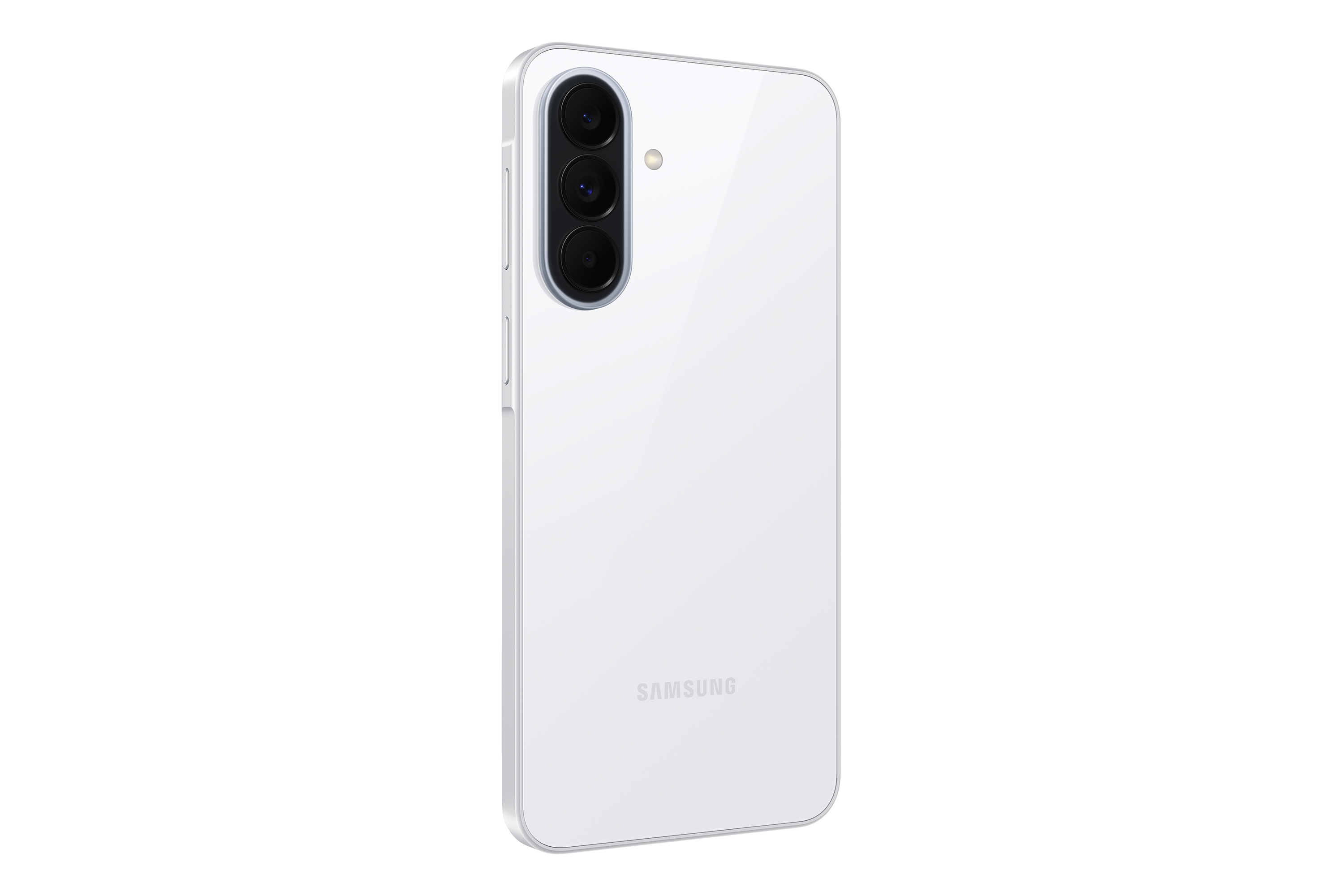 Ein weißes Smartphone mit drei Kameras auf der Rückseite und dem Samsung-Logo.