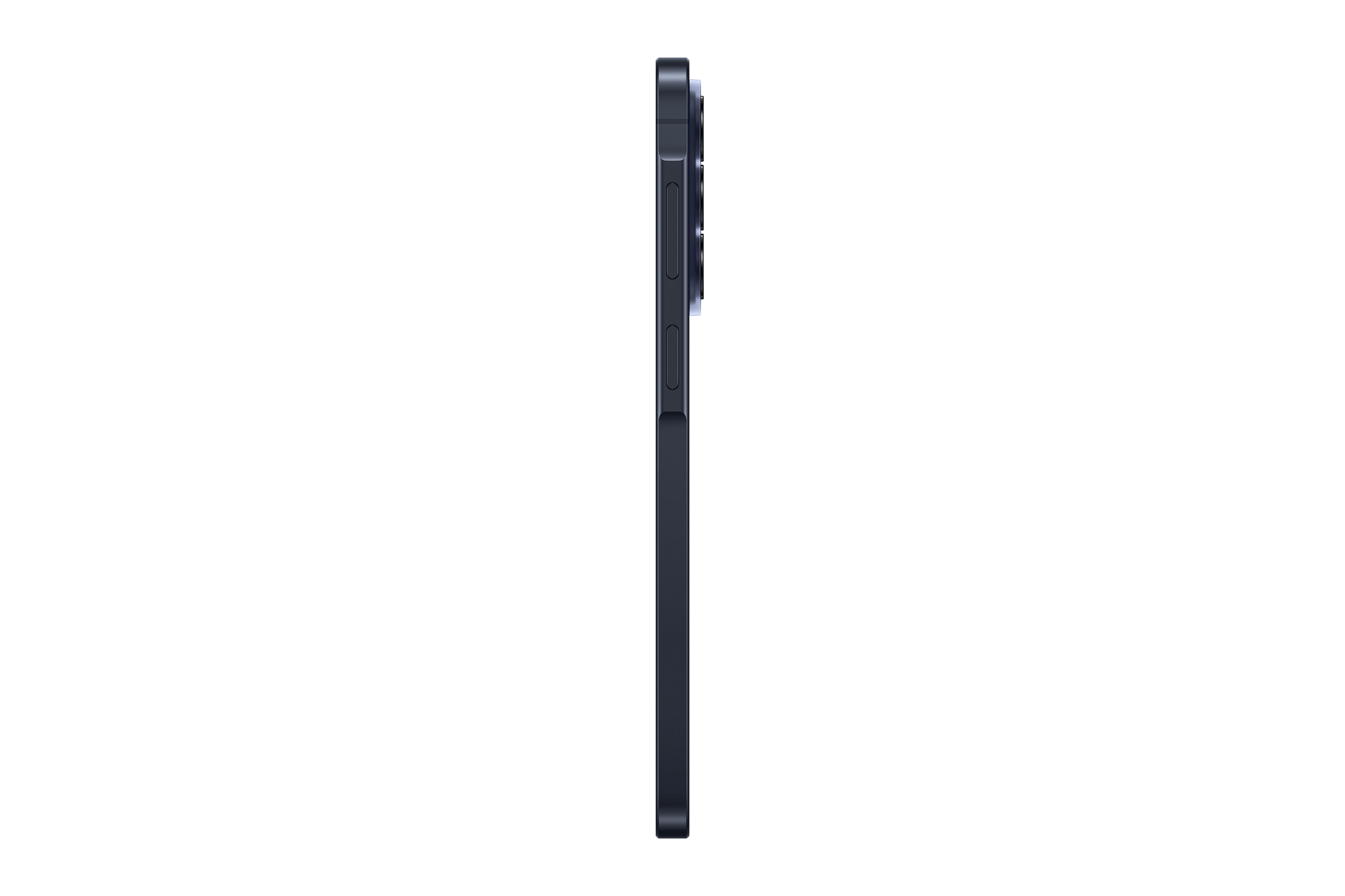 Dunkelgraues Smartphone im Profil, Kamera oben rechts, schwarzer Hintergrund.