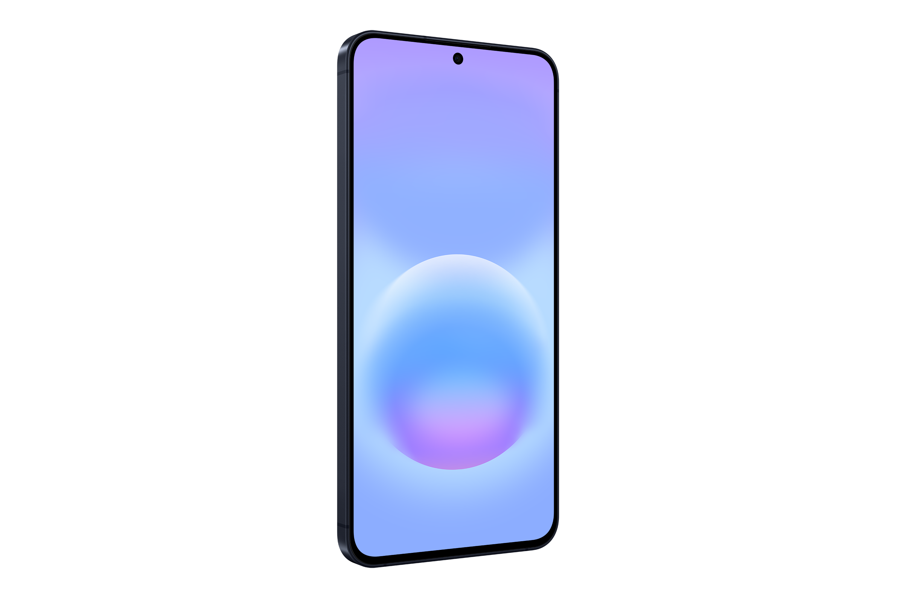 Ein dunkles Smartphone mit einem lila-blauen Hintergrundbild mit einem Kreis.