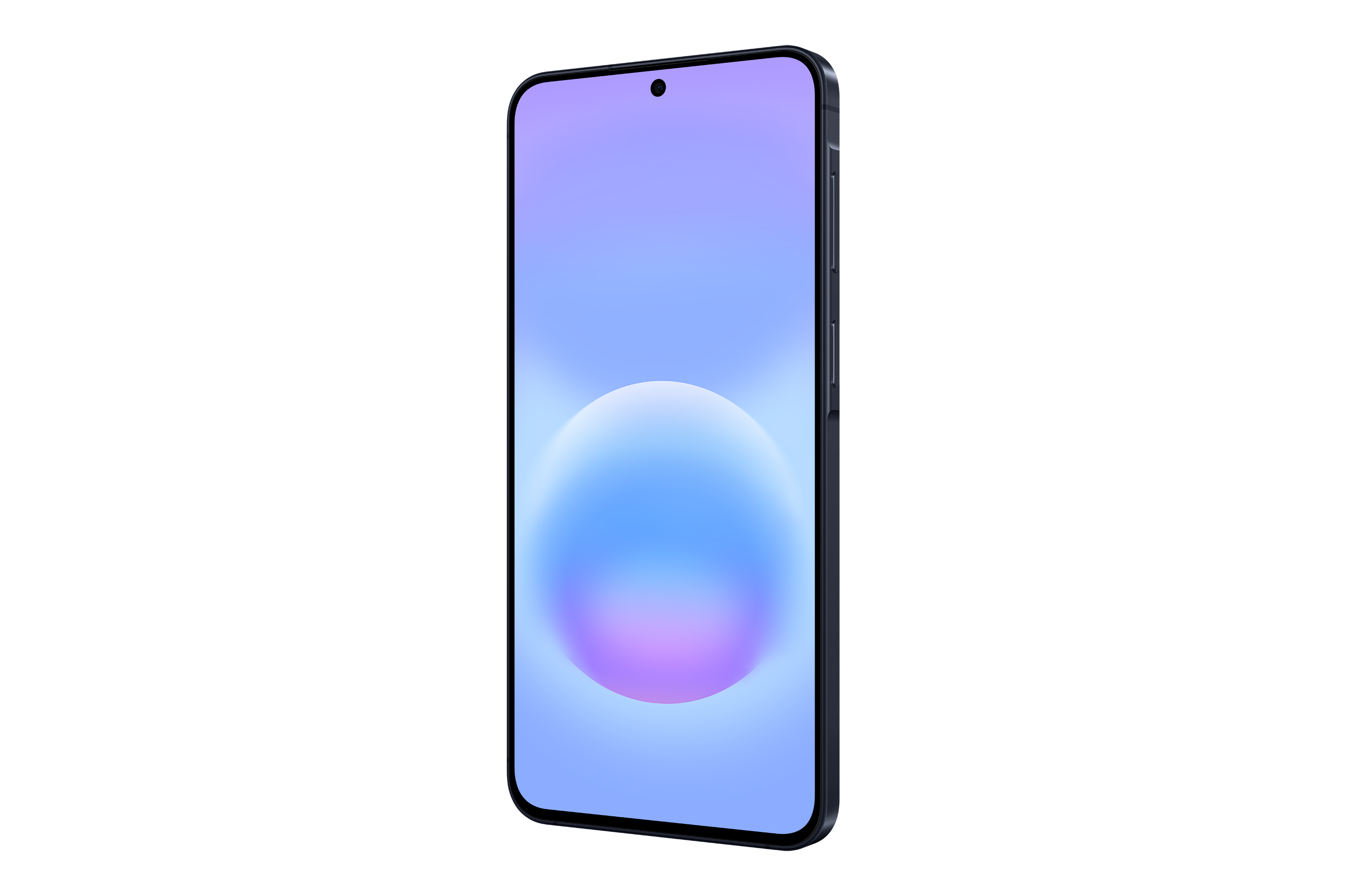 Ein dunkles Smartphone mit einem violetten und blauen Hintergrund auf dem Bildschirm.