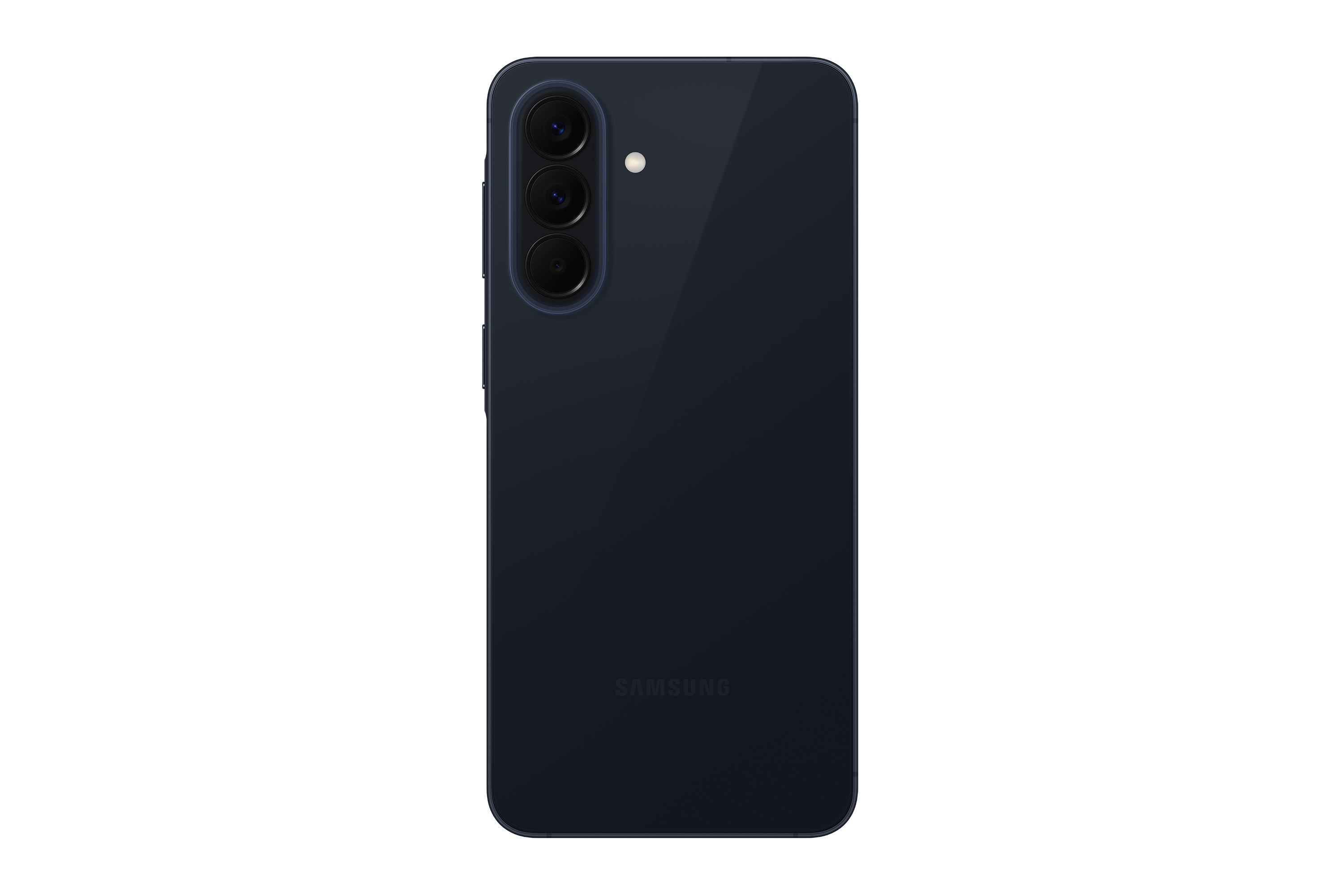 Dunkelblaues Samsung Smartphone mit drei Kameras und Blitz.