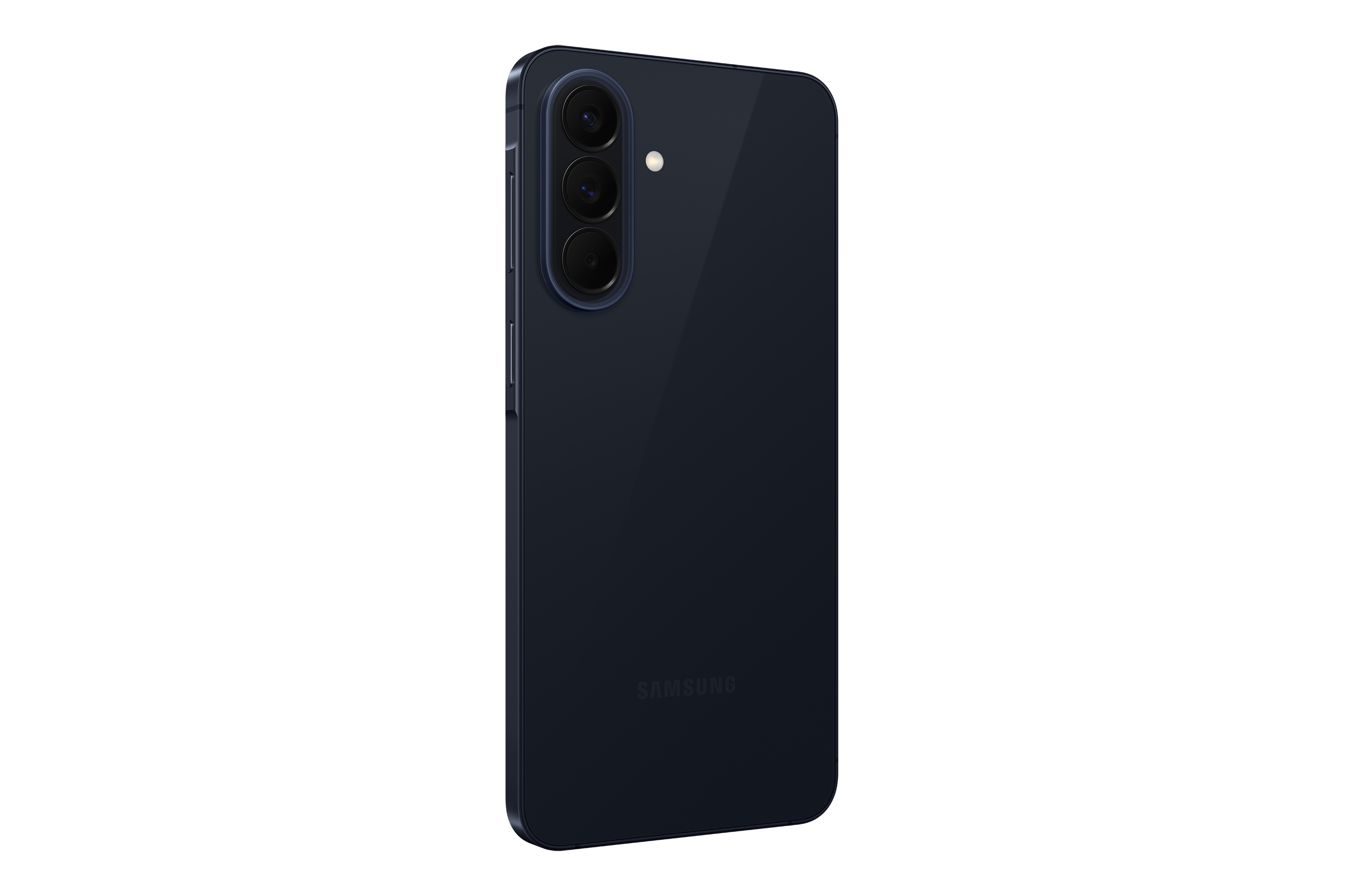 Dunkelblaues Smartphone, Rückseite mit drei Kameras und Blitz, Samsung-Logo.