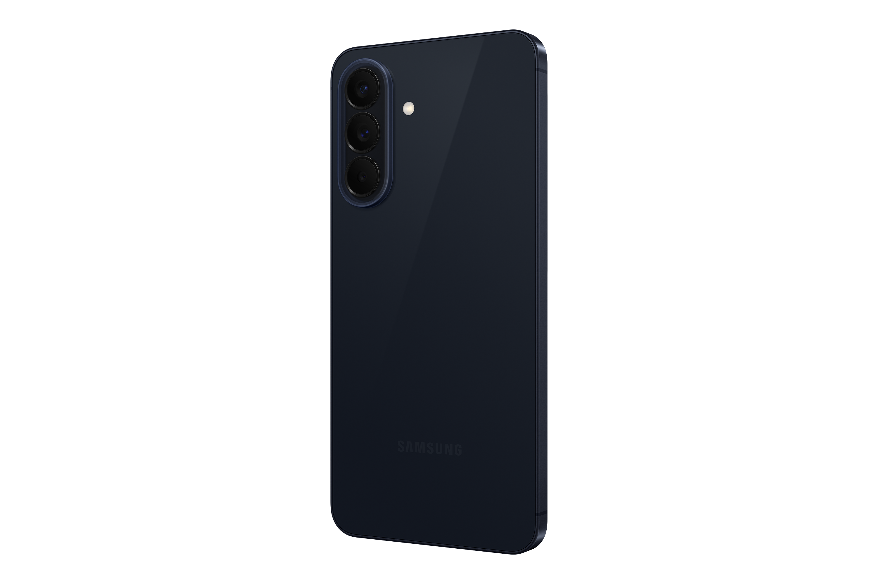 Dunkelblaues Smartphone von hinten mit drei Kameras und Samsung-Logo.