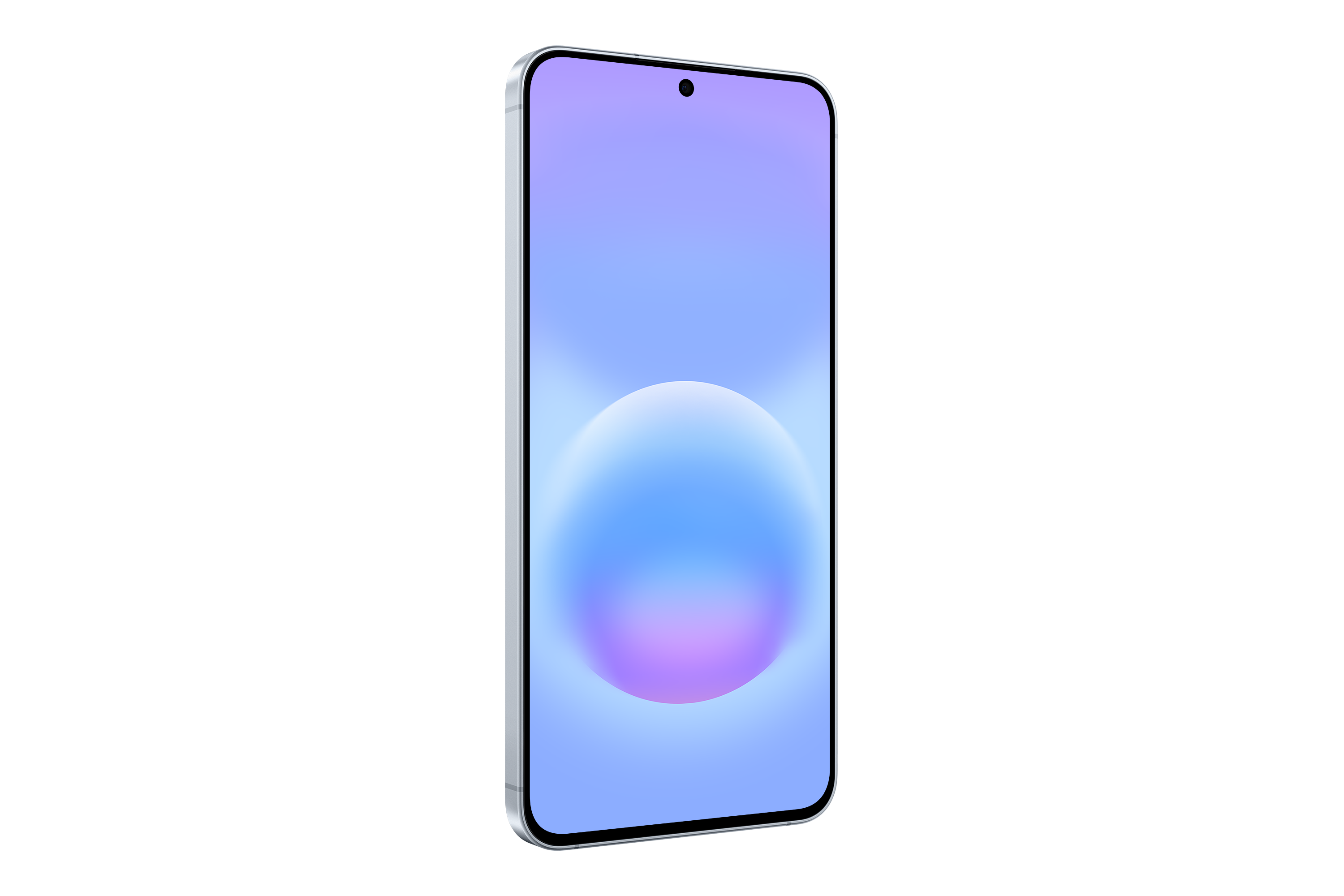 Ein silbernes Smartphone mit blau-violettem Hintergrundbild.