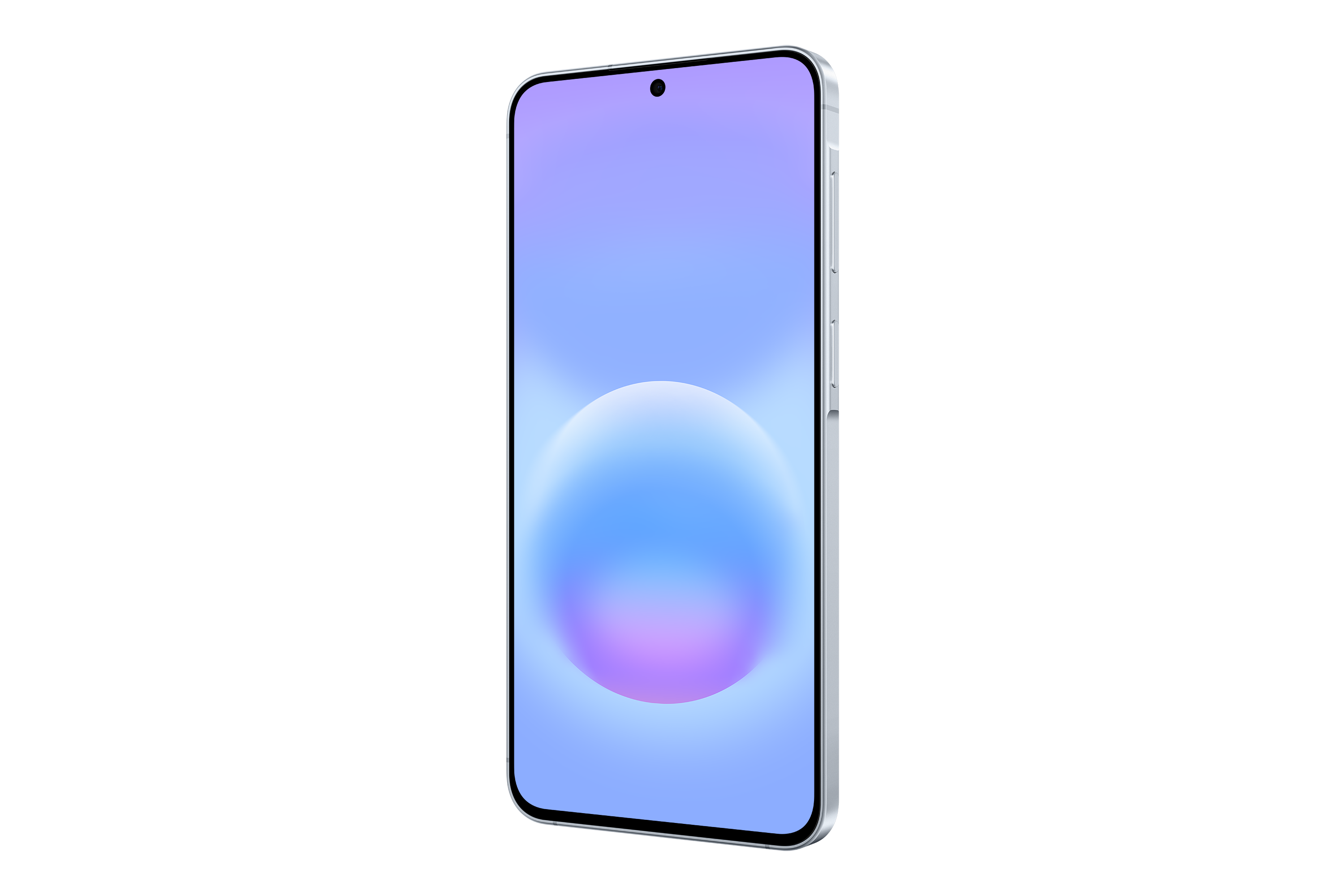 Ein silbernes Smartphone mit einem Farbverlauf-Hintergrund auf dem Bildschirm.