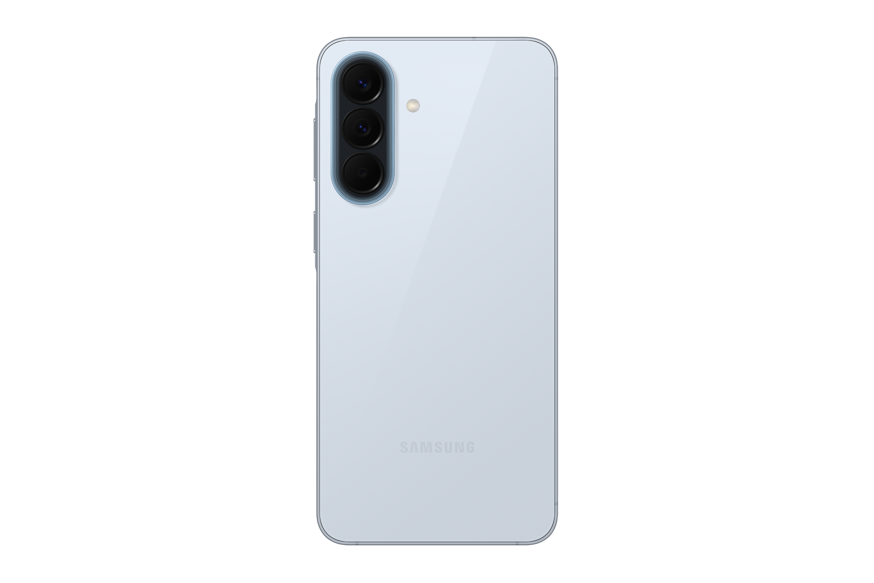 Rückseite eines hellblauen Samsung Smartphones mit drei Kameras und Blitz.