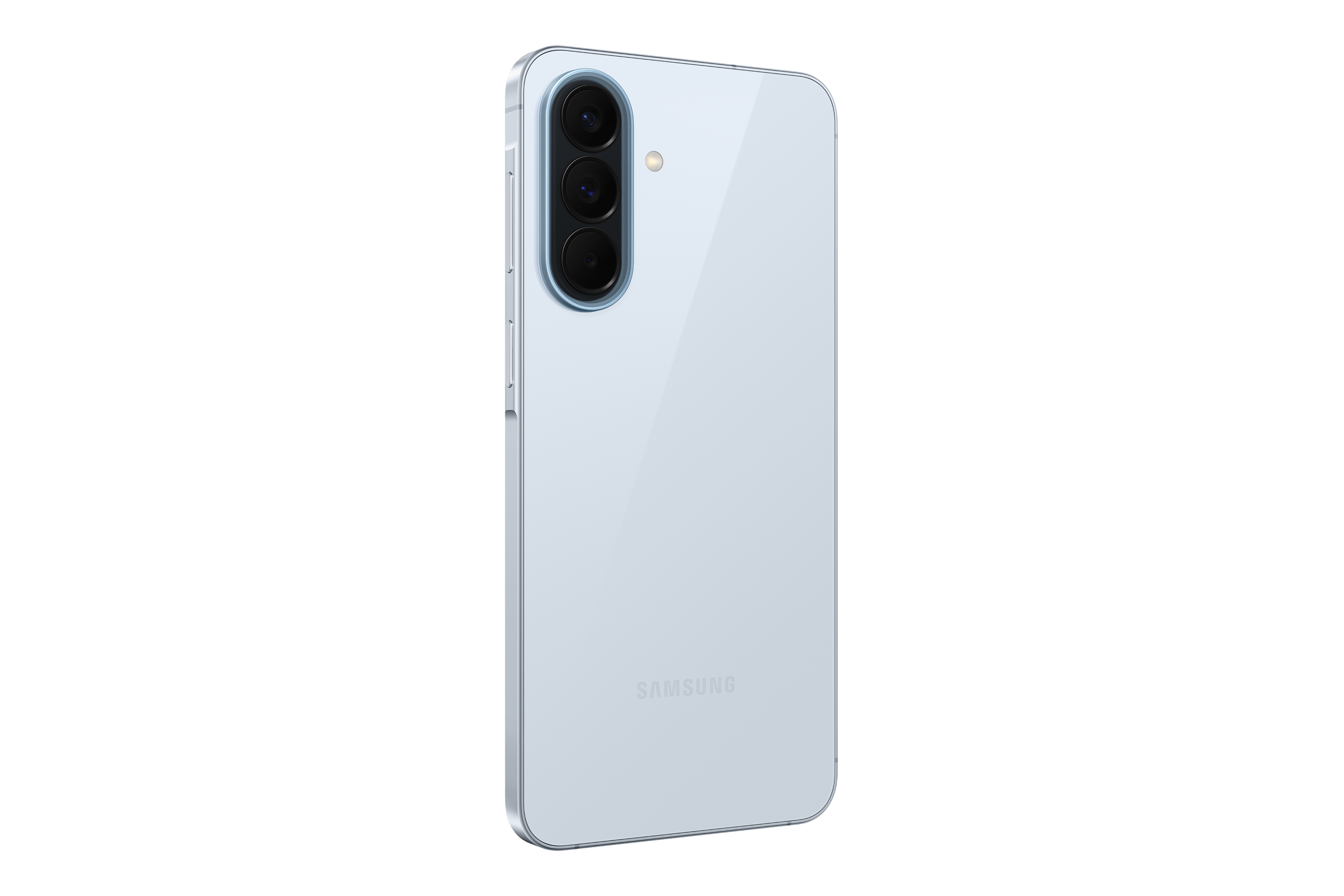 Rückseite eines hellblauen Samsung-Smartphones mit drei Kameras und Blitz.