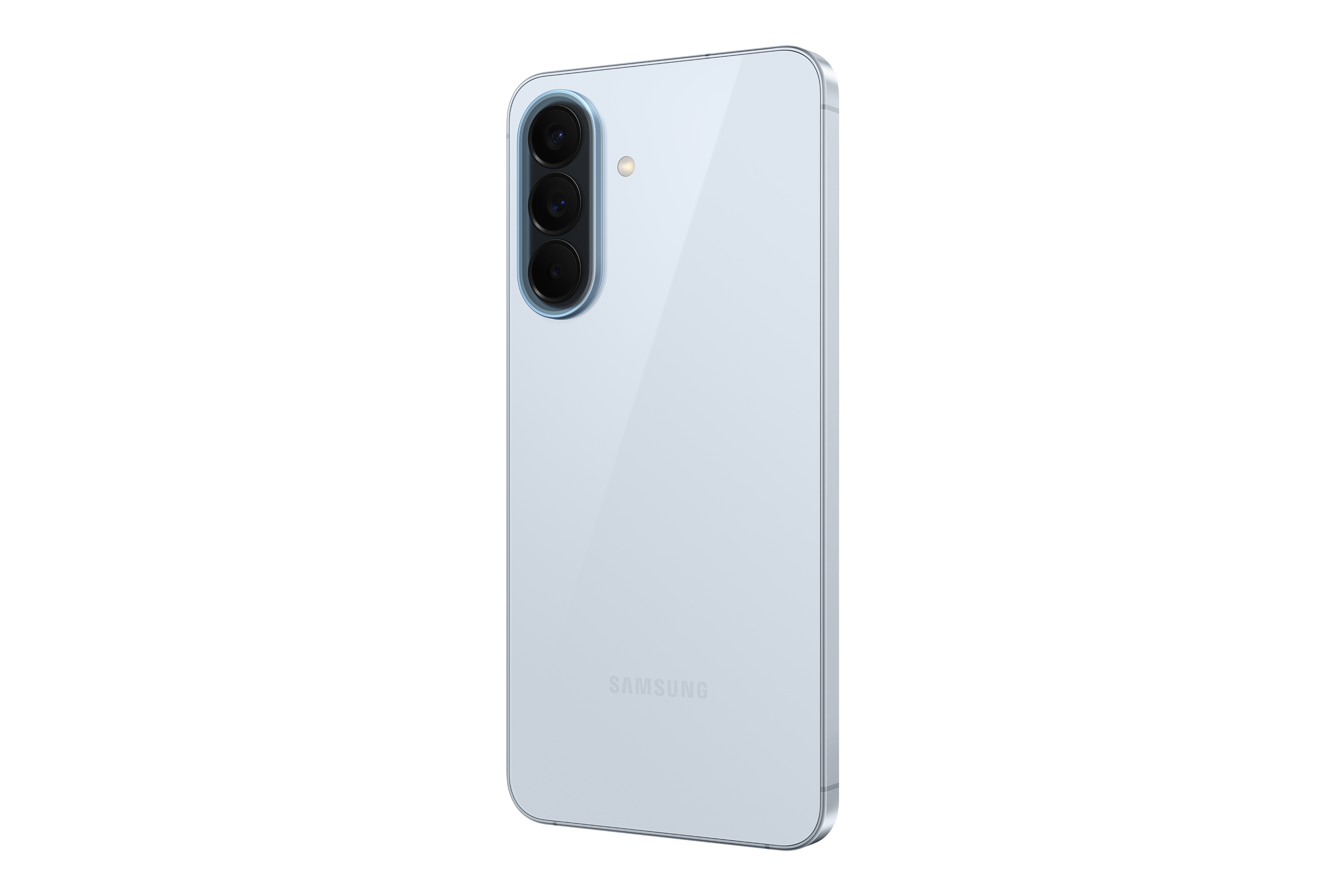 Rückseite eines hellblauen Smartphones mit drei Kameras und Blitz.