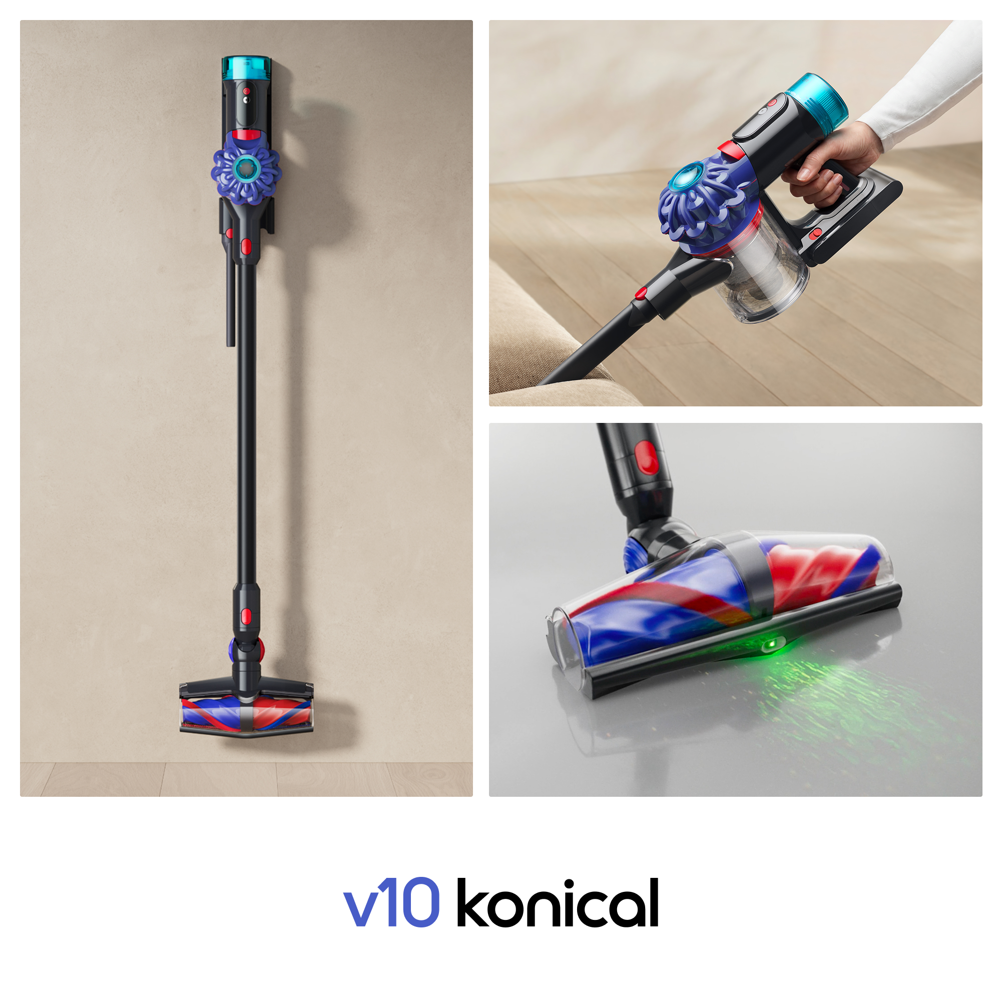 Una aspiradora inalámbrica con cabezal de cepillo azul y rojo y luz LED verde.