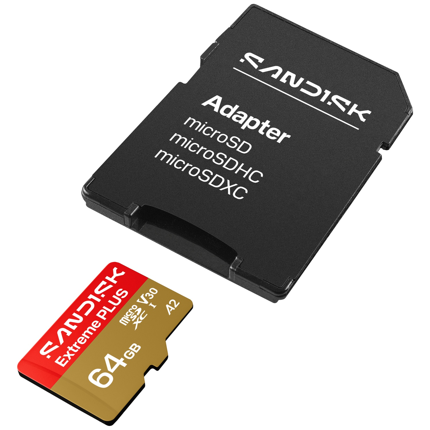 A Sandisk micro SD adapter and a 64GB micro SD card are side by side.