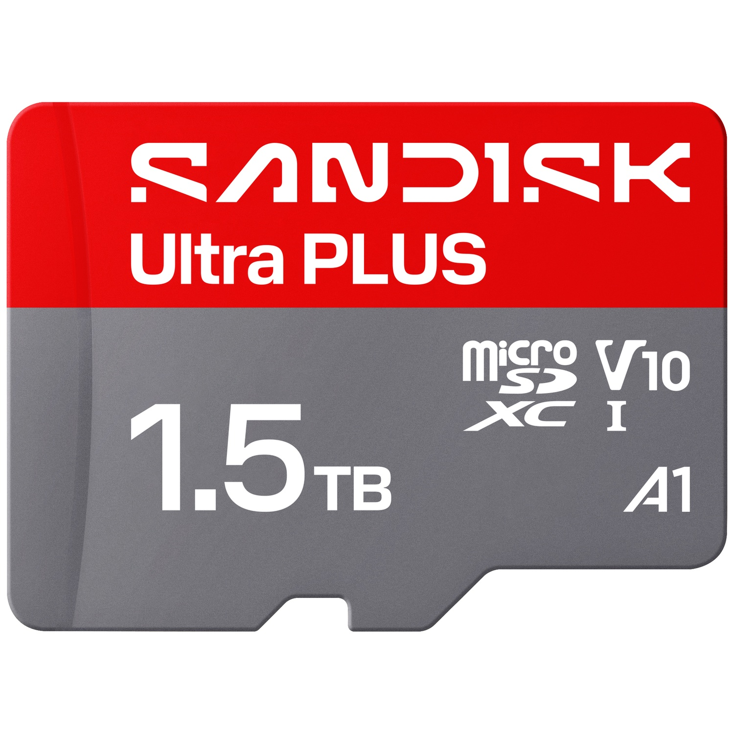 A SanDisk 1.5 TB Ultra PLUS MicroSDXC card with V10 A1 rating.