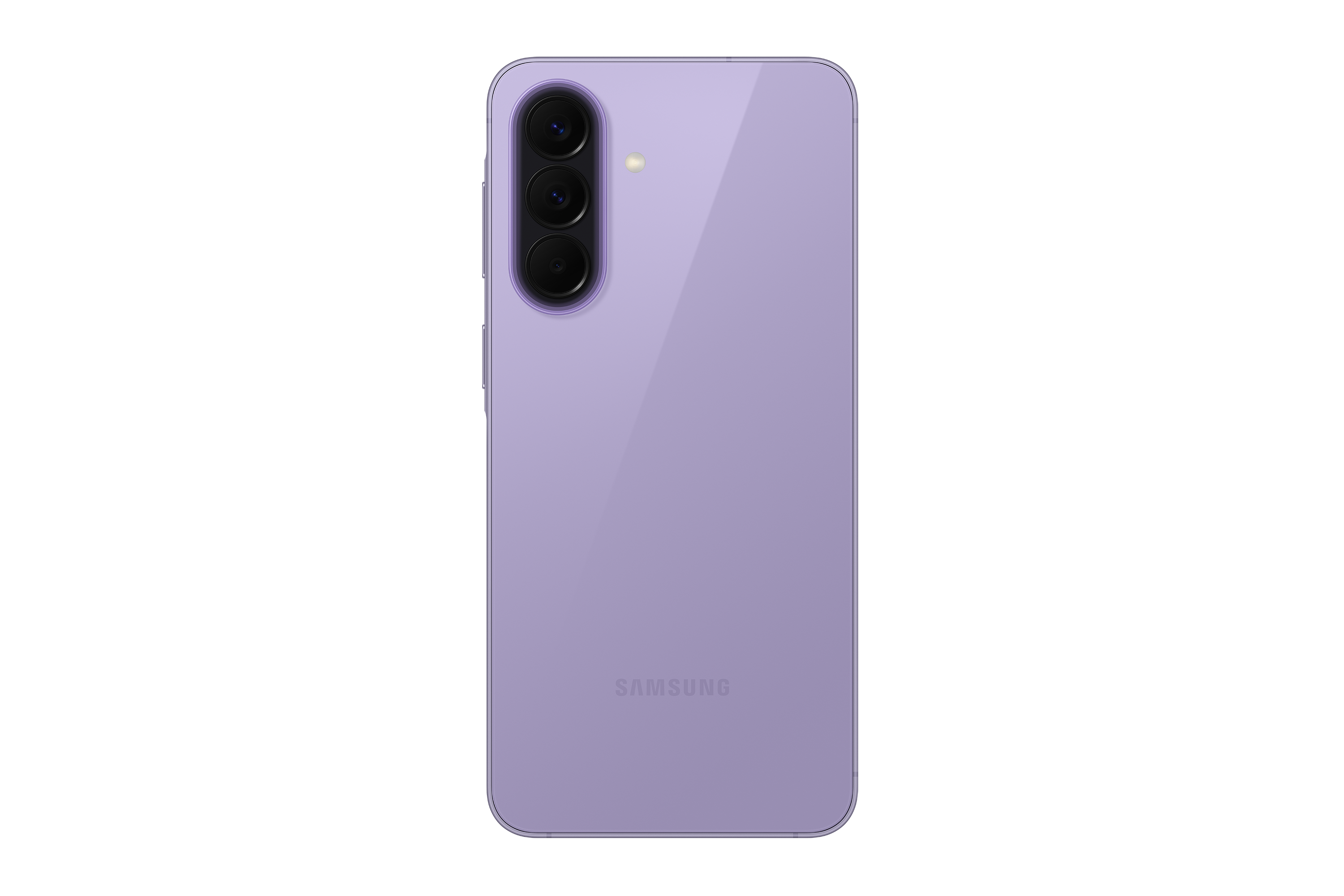 Rückseite eines lila Smartphones mit drei Kameras und Samsung-Logo.