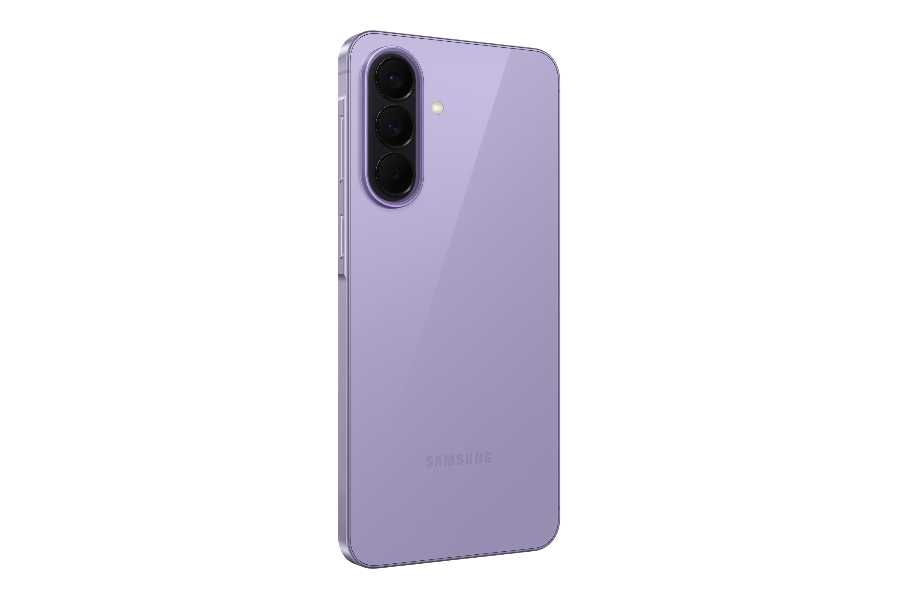 Lila Samsung Smartphone mit drei Kameras auf der Rückseite.