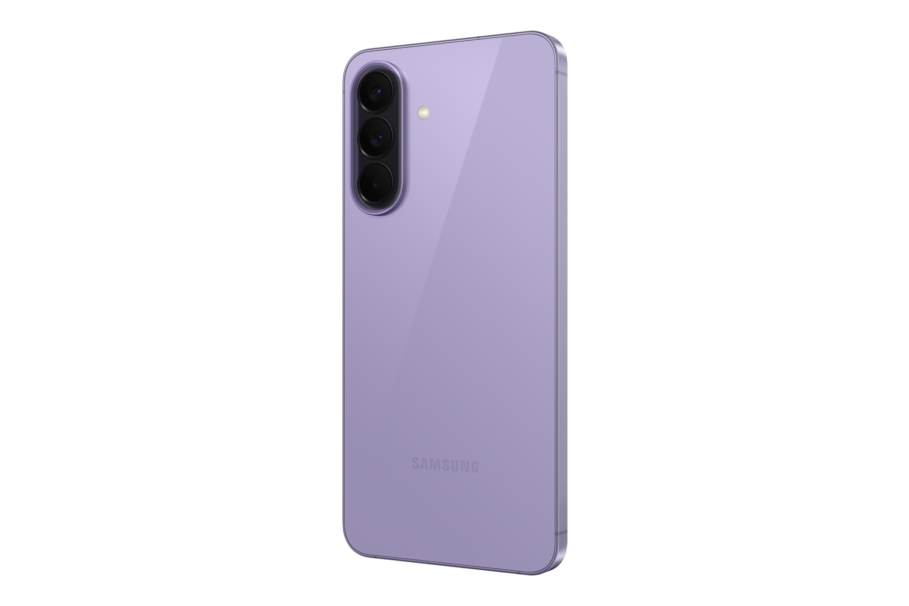 Ein lila Smartphone mit drei Kameralinsen und Blitz, mit Samsung-Logo.
