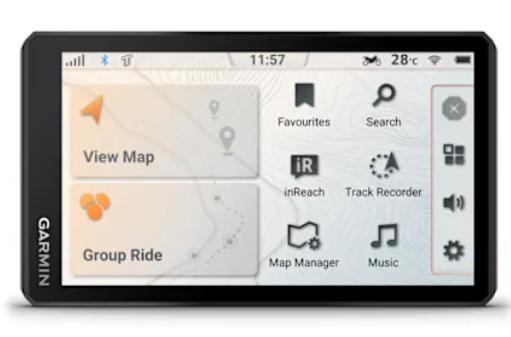 Nawigacja Garmin z widokiem mapy, wyszukiwaniem i muzyką.