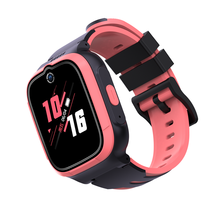 Siyah kasalı ve 10:16 gösteren pembe akıllı saat.