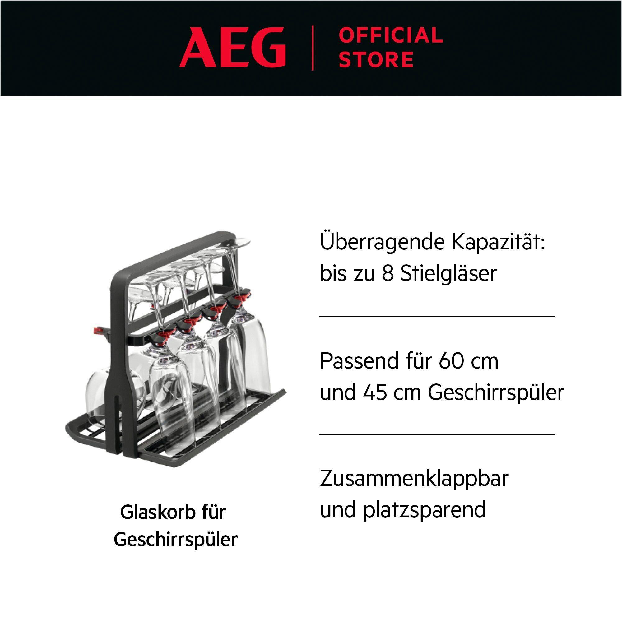 Ein schwarzer Korb für Gläser mit bis zu 8 Stielgläsern, passend für Geschirrspüler.