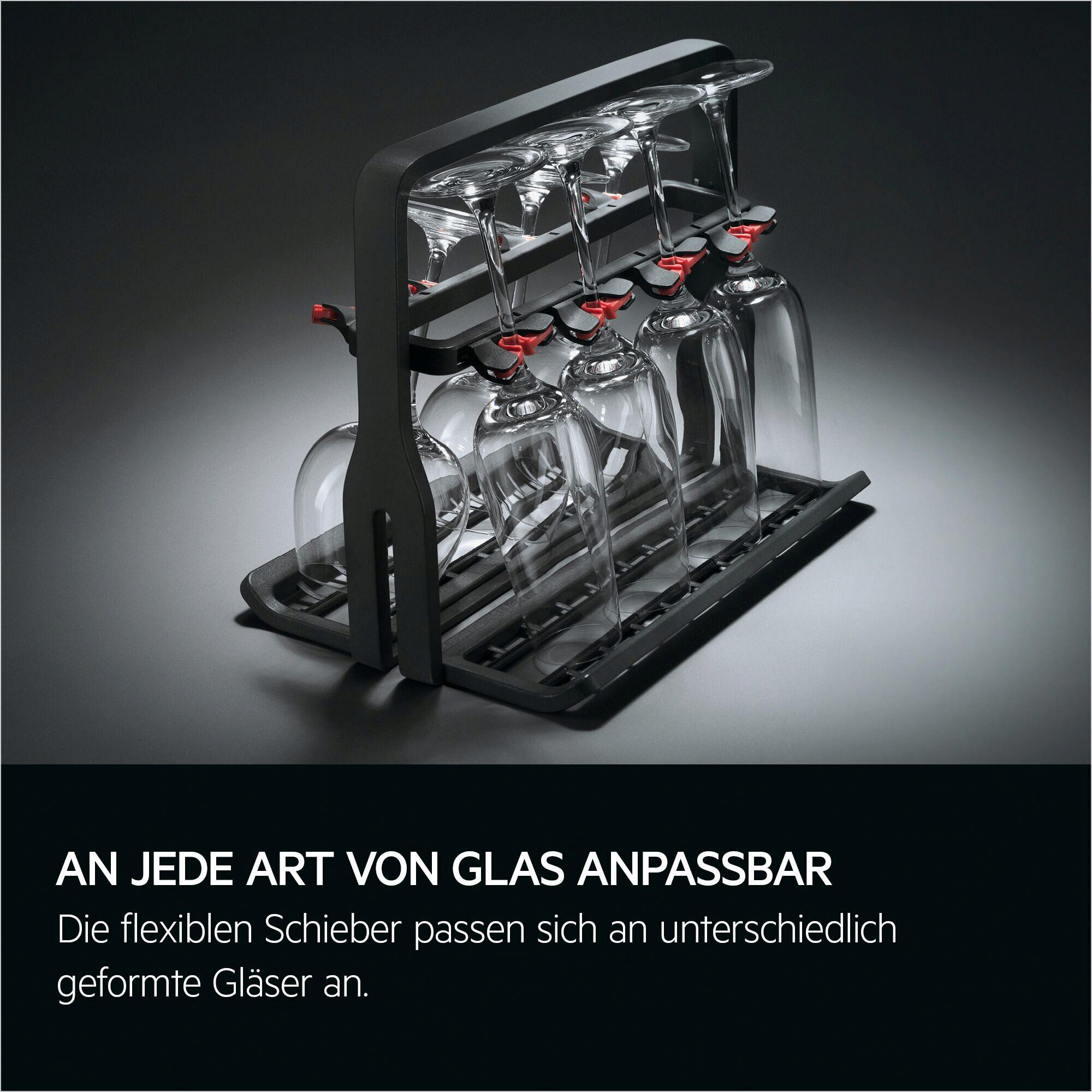 Ein schwarzer Rack hält Gläser mit roten Klemmen aufrecht.
