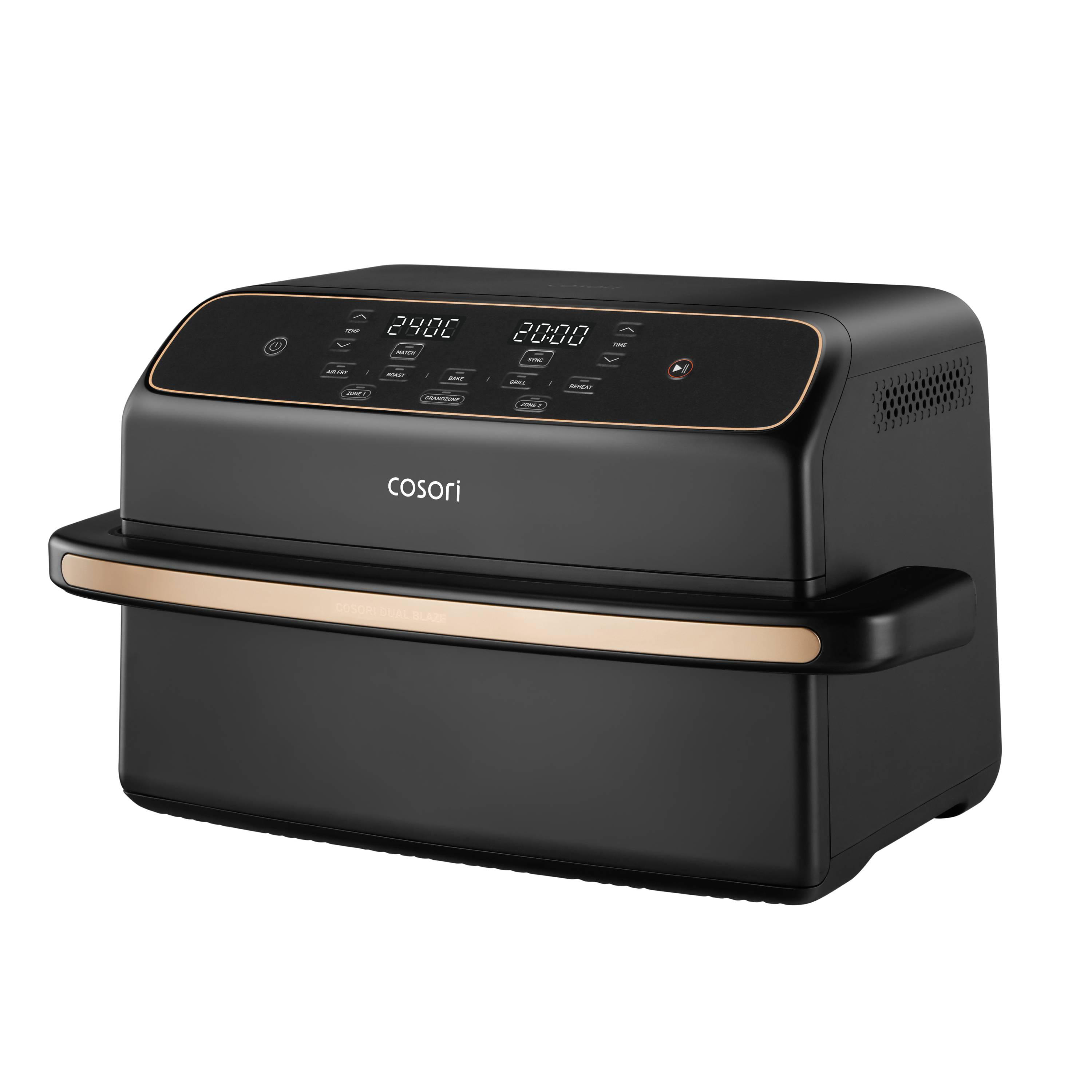 Schwarzer Cosori Dual Blaze Heißluftfritteuse mit digitaler Anzeige und goldenen Akzenten.