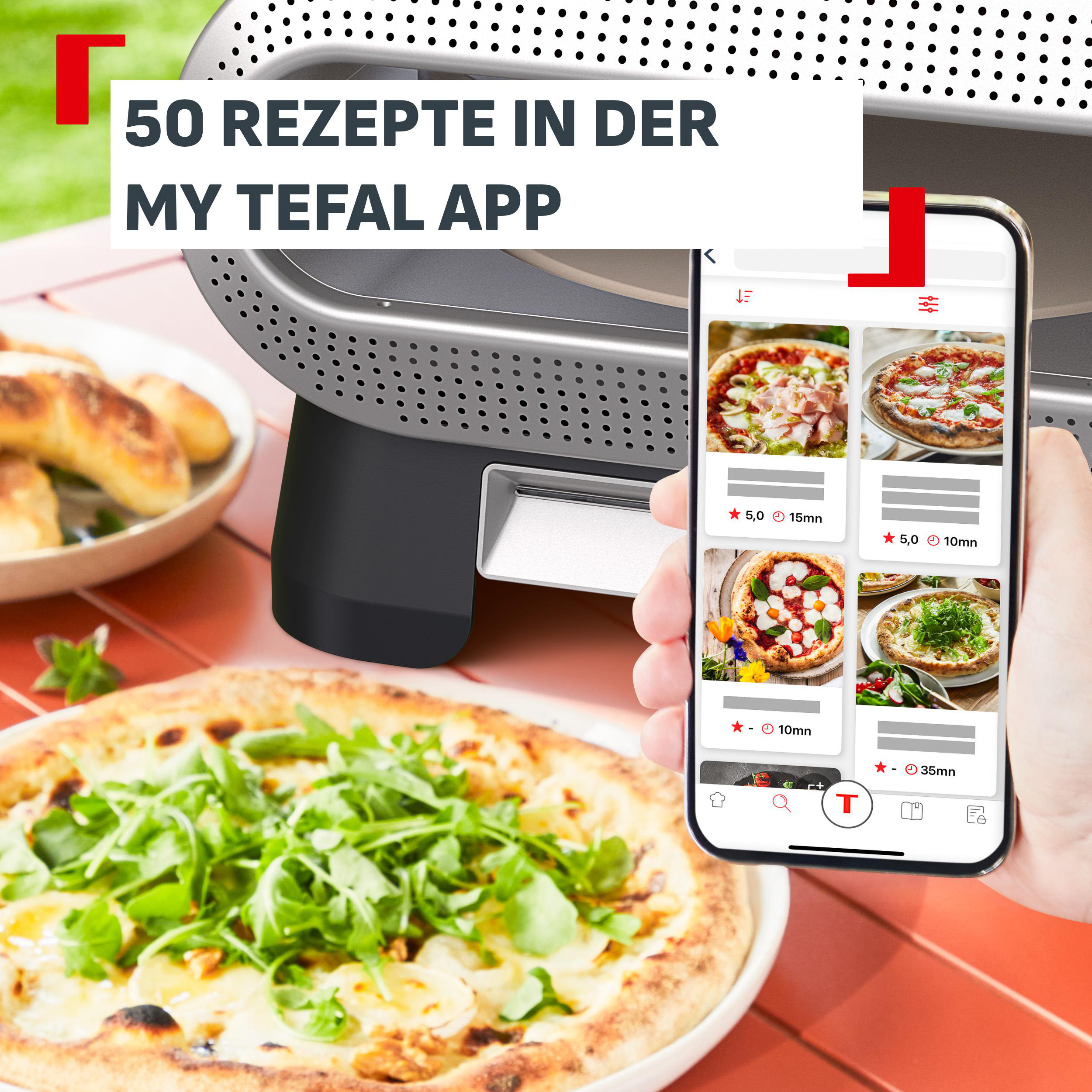 Ein Smartphone zeigt Rezepte in einer App neben einem Tefal-Ofen und Pizzen.