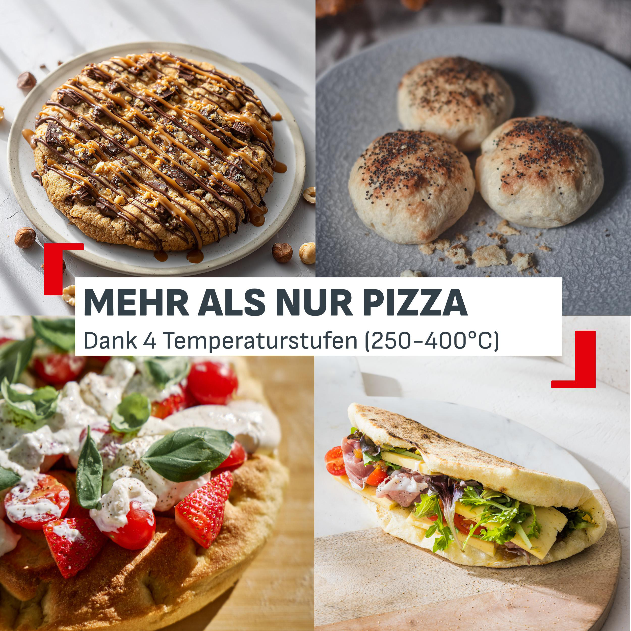 Vier verschiedene Gerichte: Keks, Brötchen, Flammkuchen und Sandwich.