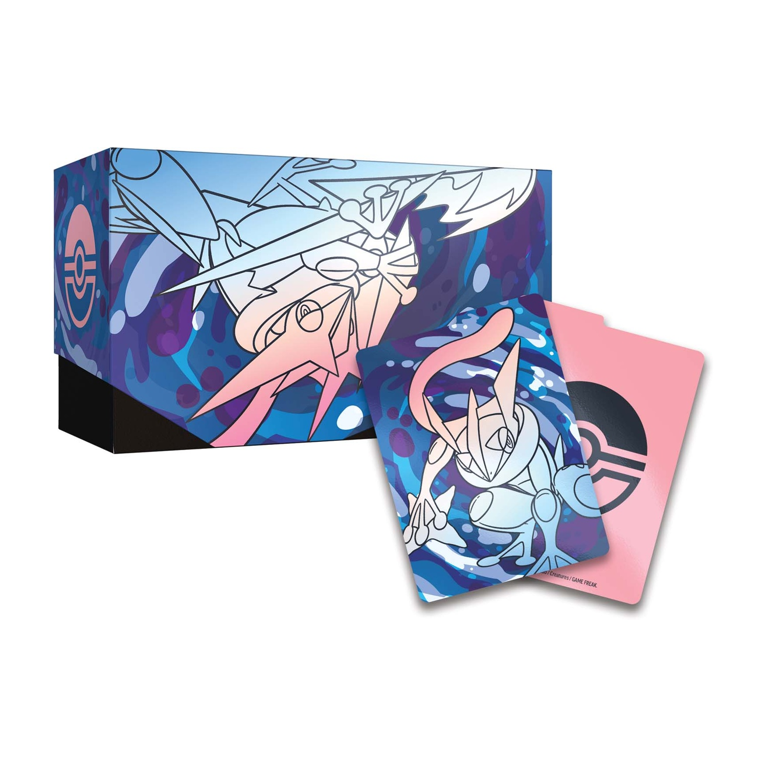 Una scatola colorata Pokémon con carte e illustrazioni.