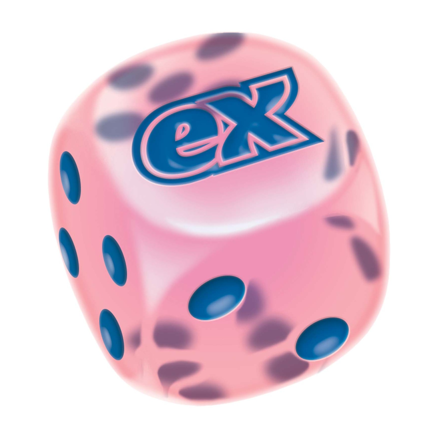 Un dado rosa con punti blu e il logo "ex".