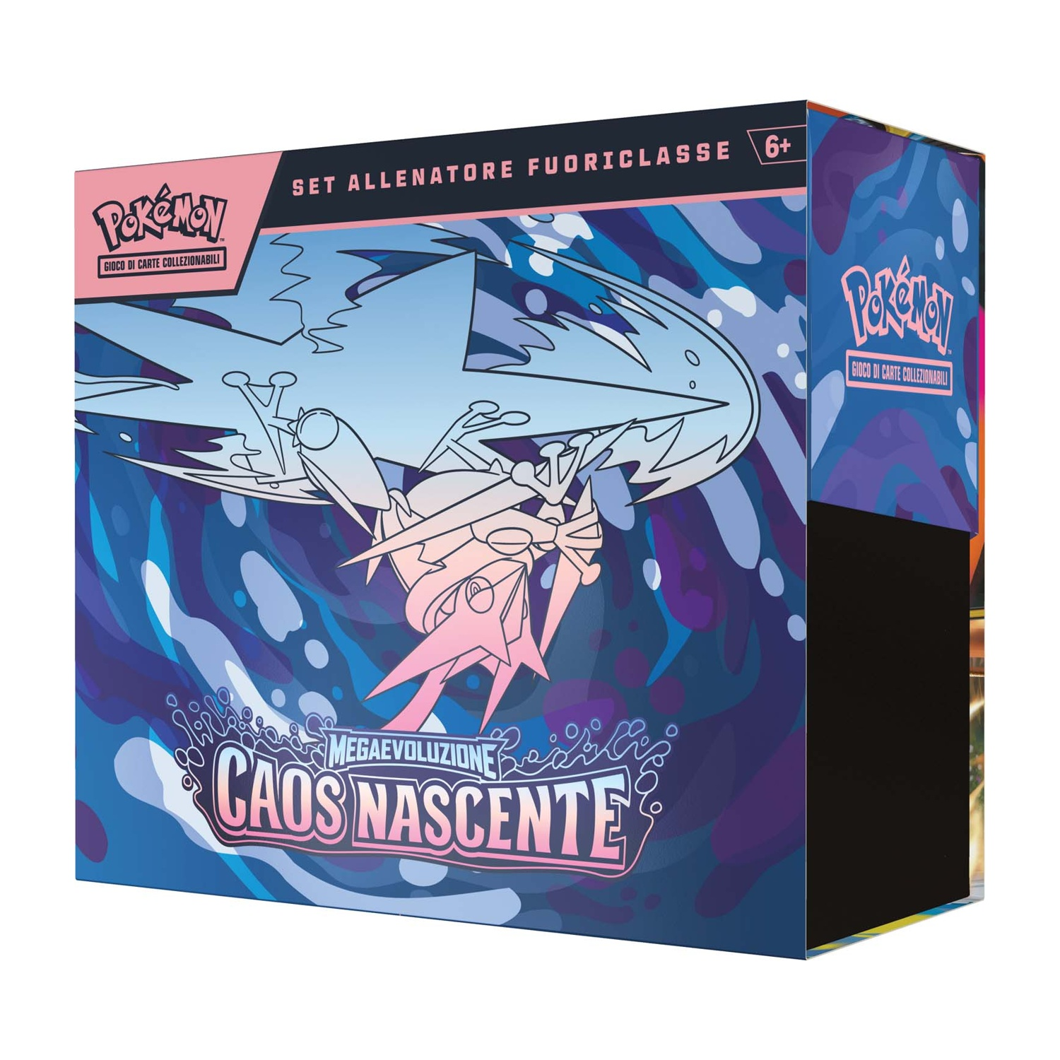 Box Pokémon con mostro rosa e blu, testo 'Caos Nascente'.