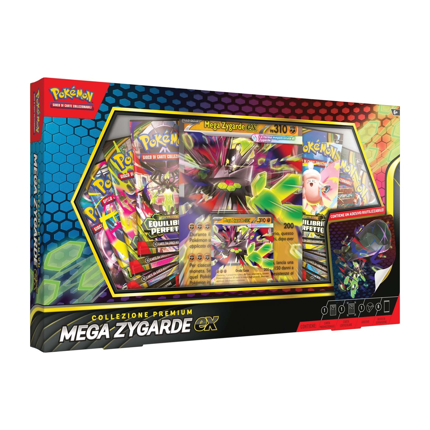 Box Collezione Premium Pokémon Mega Zygarde ex con carte e adesivo.