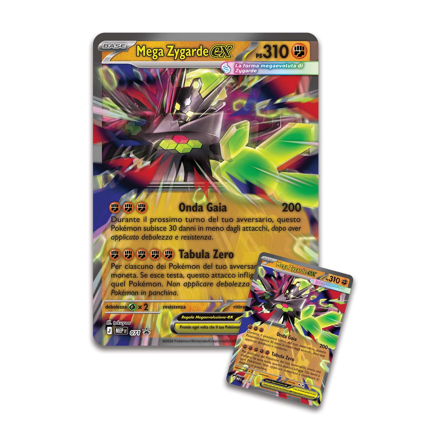 Due carte Pokémon con Mega Zygarde EX. Una carta più grande sullo sfondo, una più piccola in primo piano.