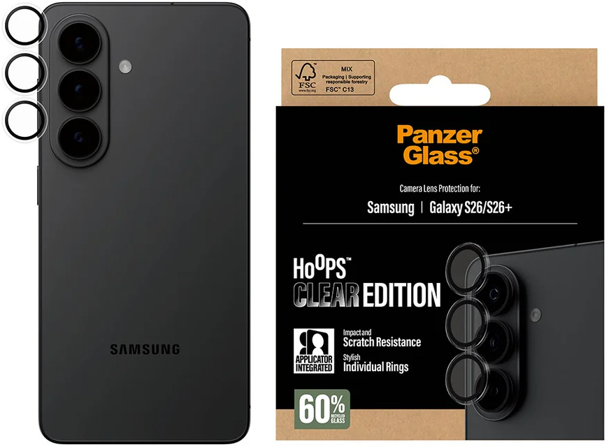 Schwarzes Samsung-Handy mit PanzerGlass Kamera-Schutzverpackung.