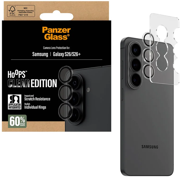 Panzer Glass Kameralinsenschutz für Samsung Galaxy S26/S26+ gezeigt.
