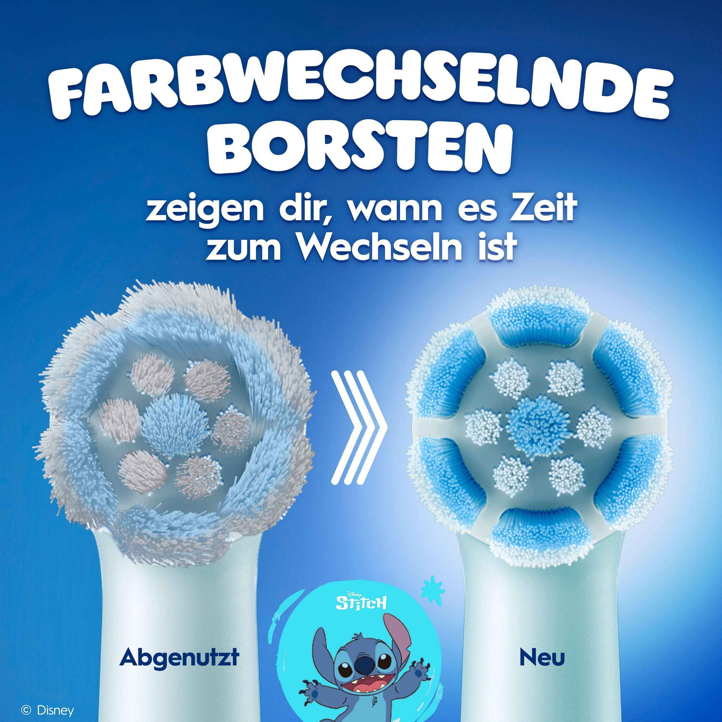 Farbwechselnde Borsten: Abgenutzt vs. Neu. Stitch-Logo.