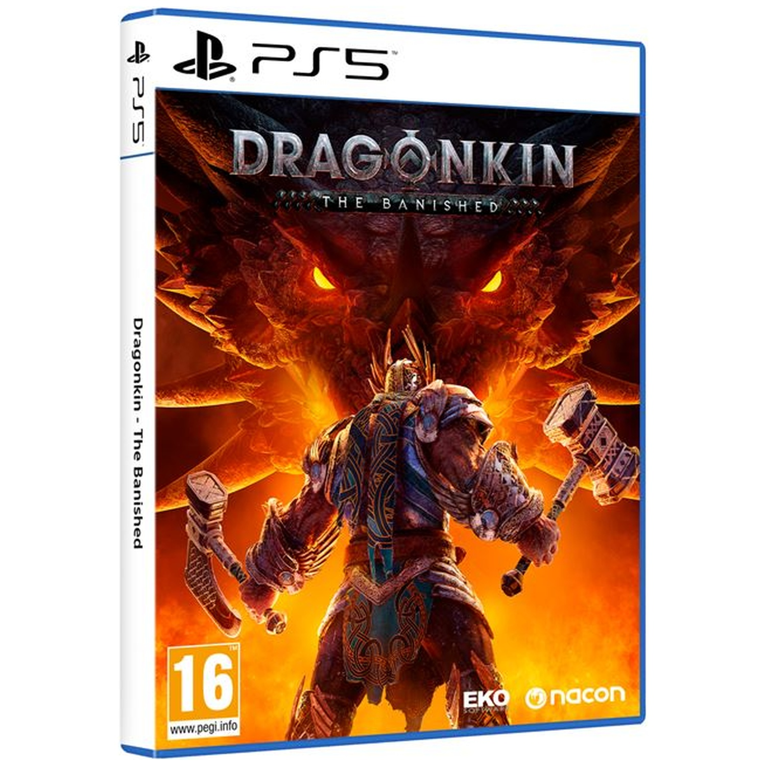 PS5 spel Dragonkin: The Banished hoes met krijger en drakenkop.