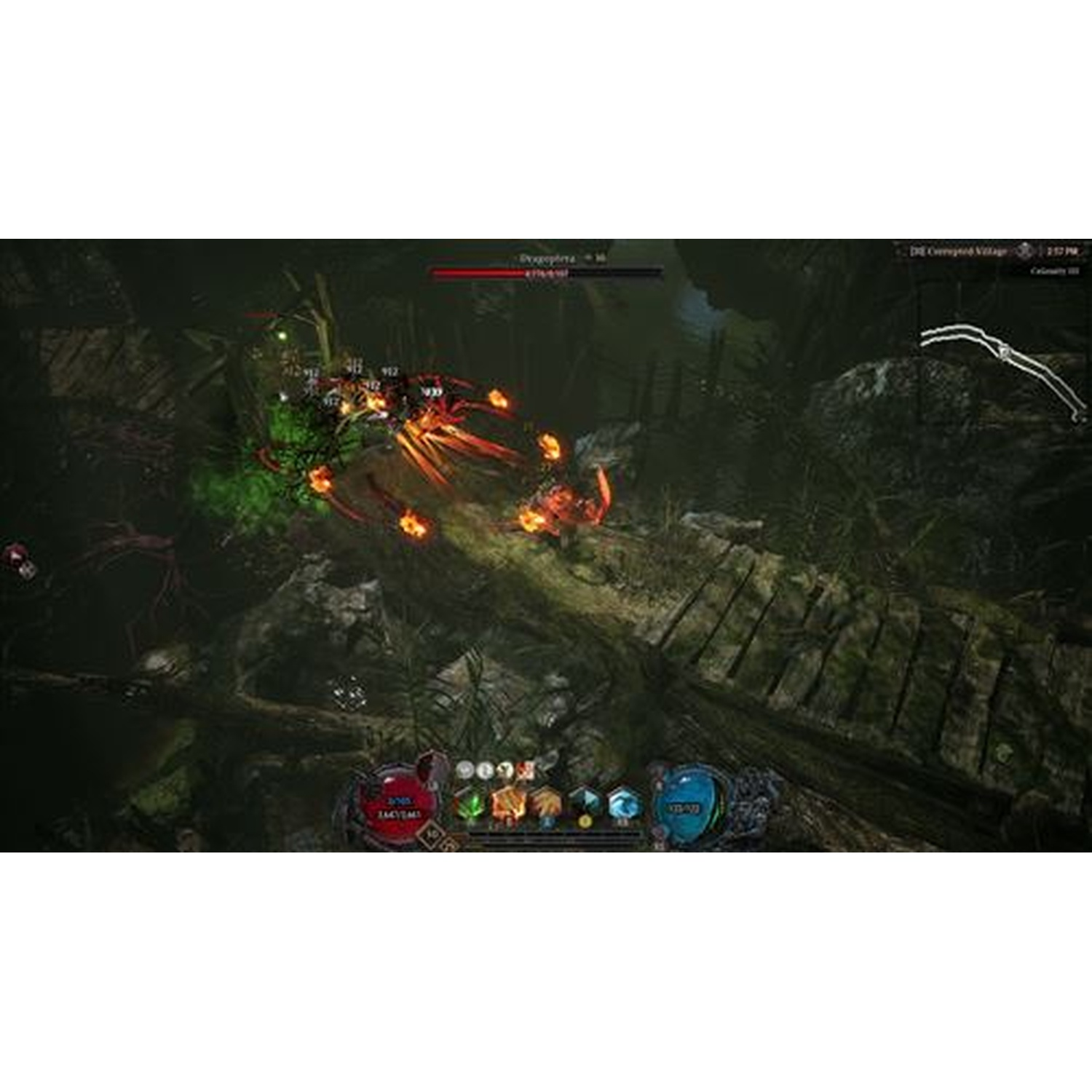 Actie-RPG-gevecht met gloeiende vijanden en vurige projectielen op een donker, moerassig pad.