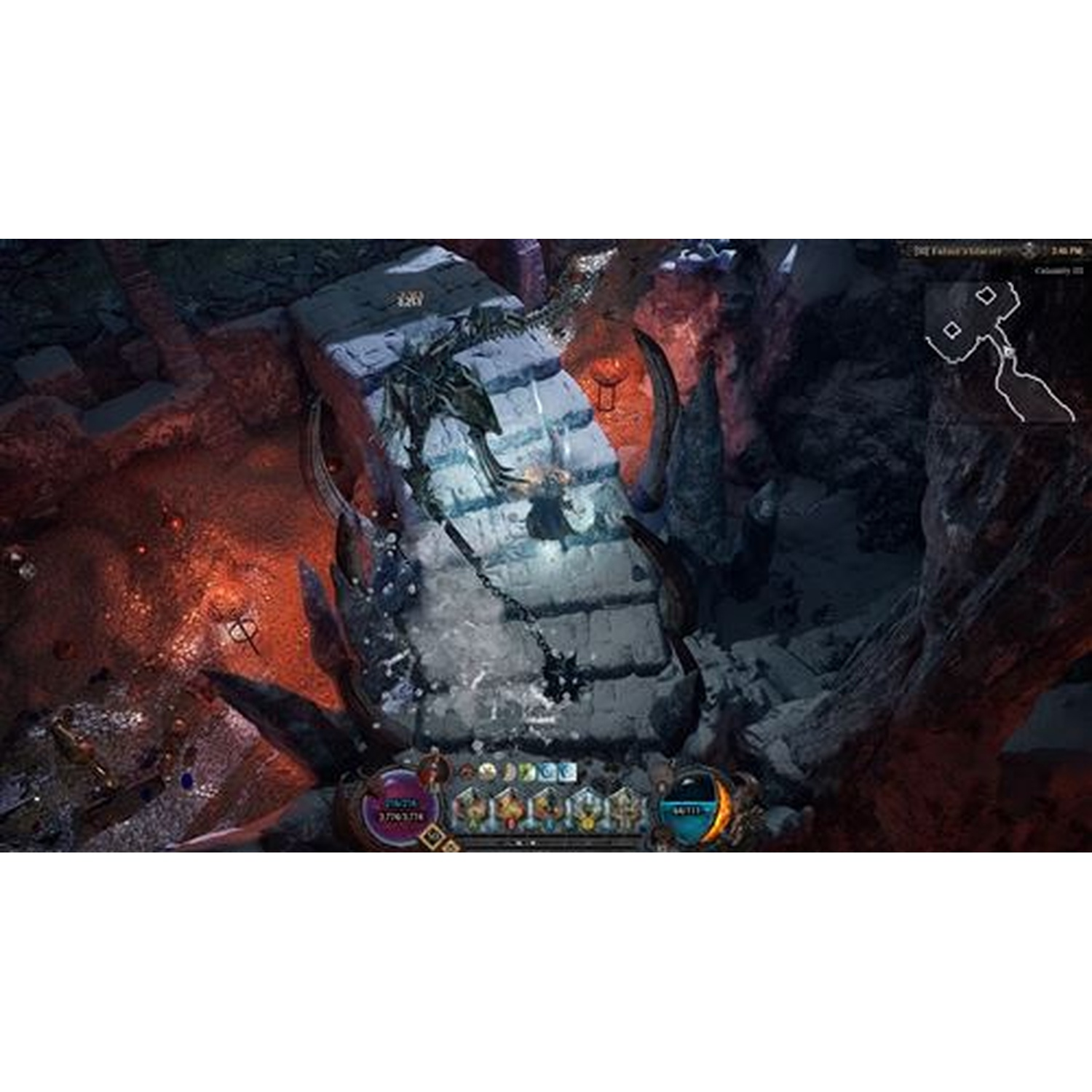 Een spelerpersonage staat op een stenen trap in een donkere grot.