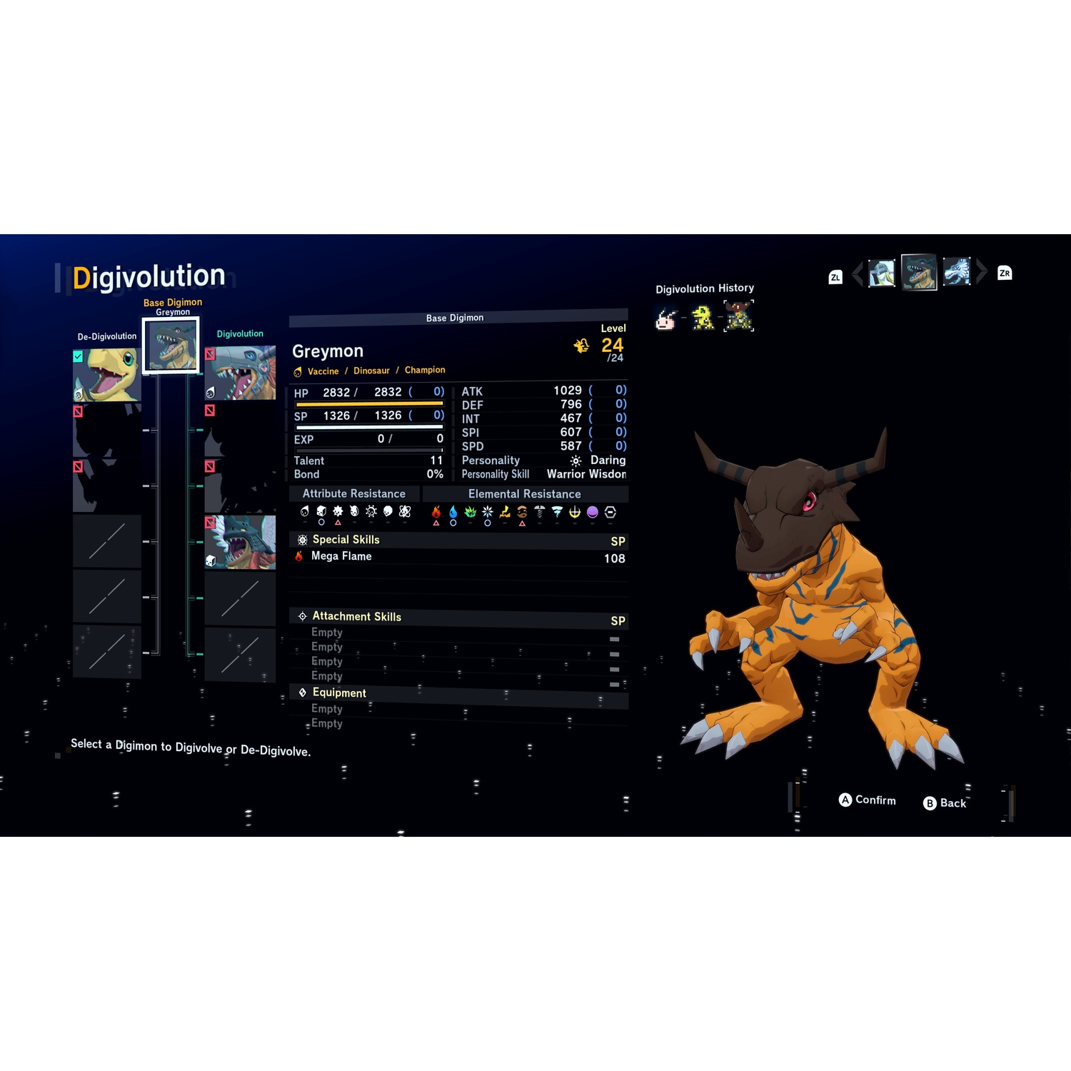 Digivolution screen showing Greymon stats, abilities and evolution options.