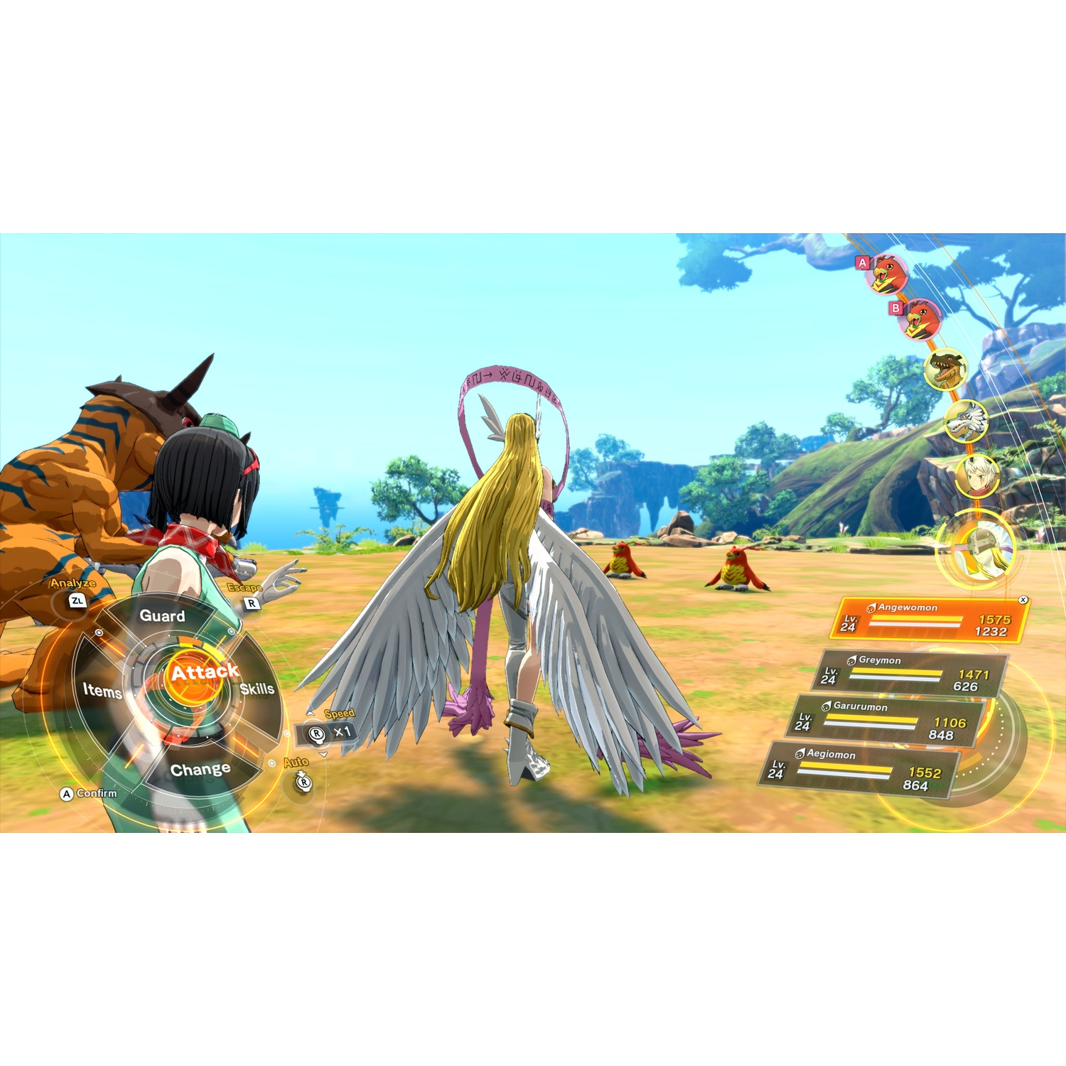 An anime game featuring Digimon battles and a command menu.