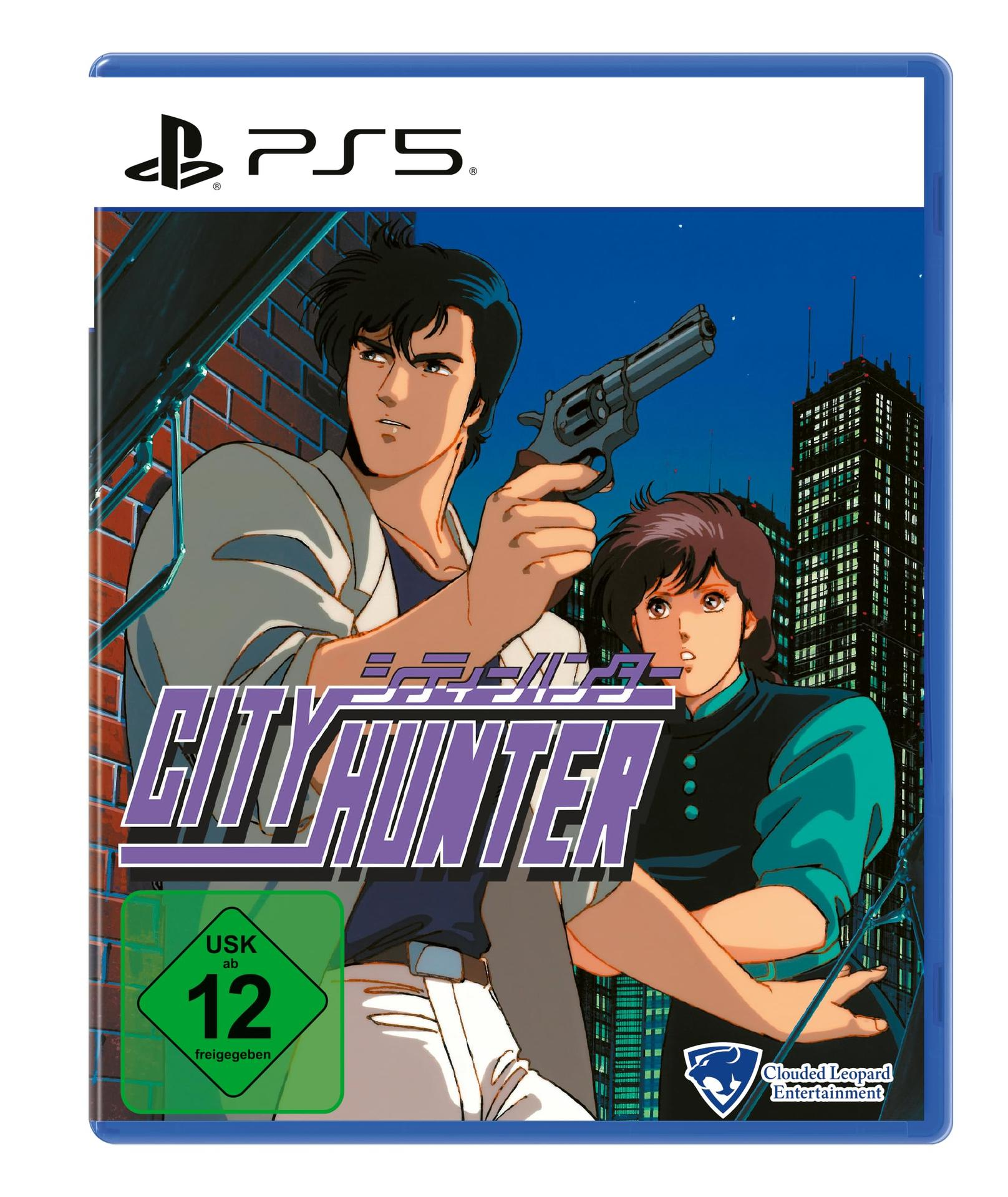 Anime-Cover mit Mann mit Waffe und Frau vor Stadtkulisse.