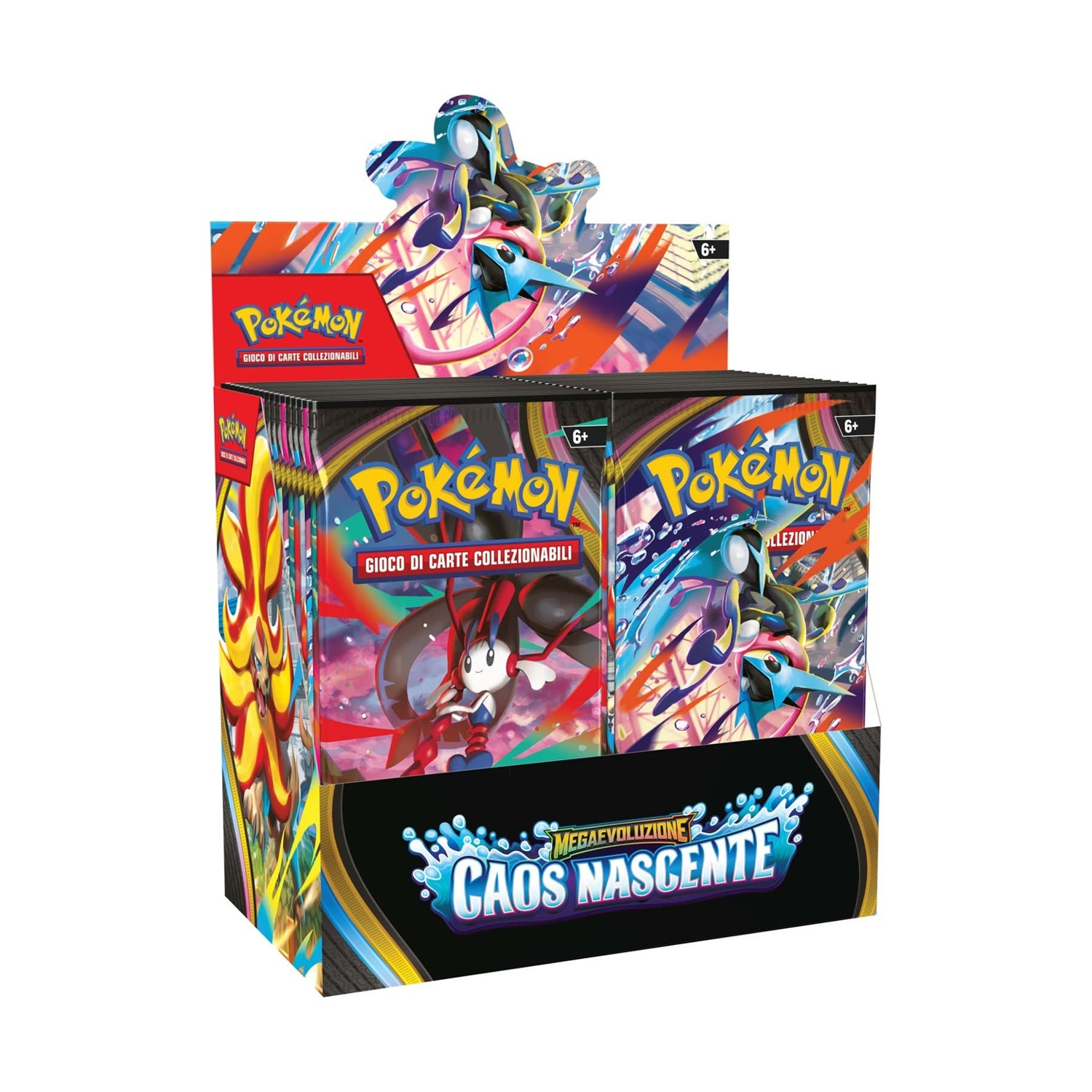 Display gioco di carte collezionabili Pokémon con pacchi colorati e grafiche.