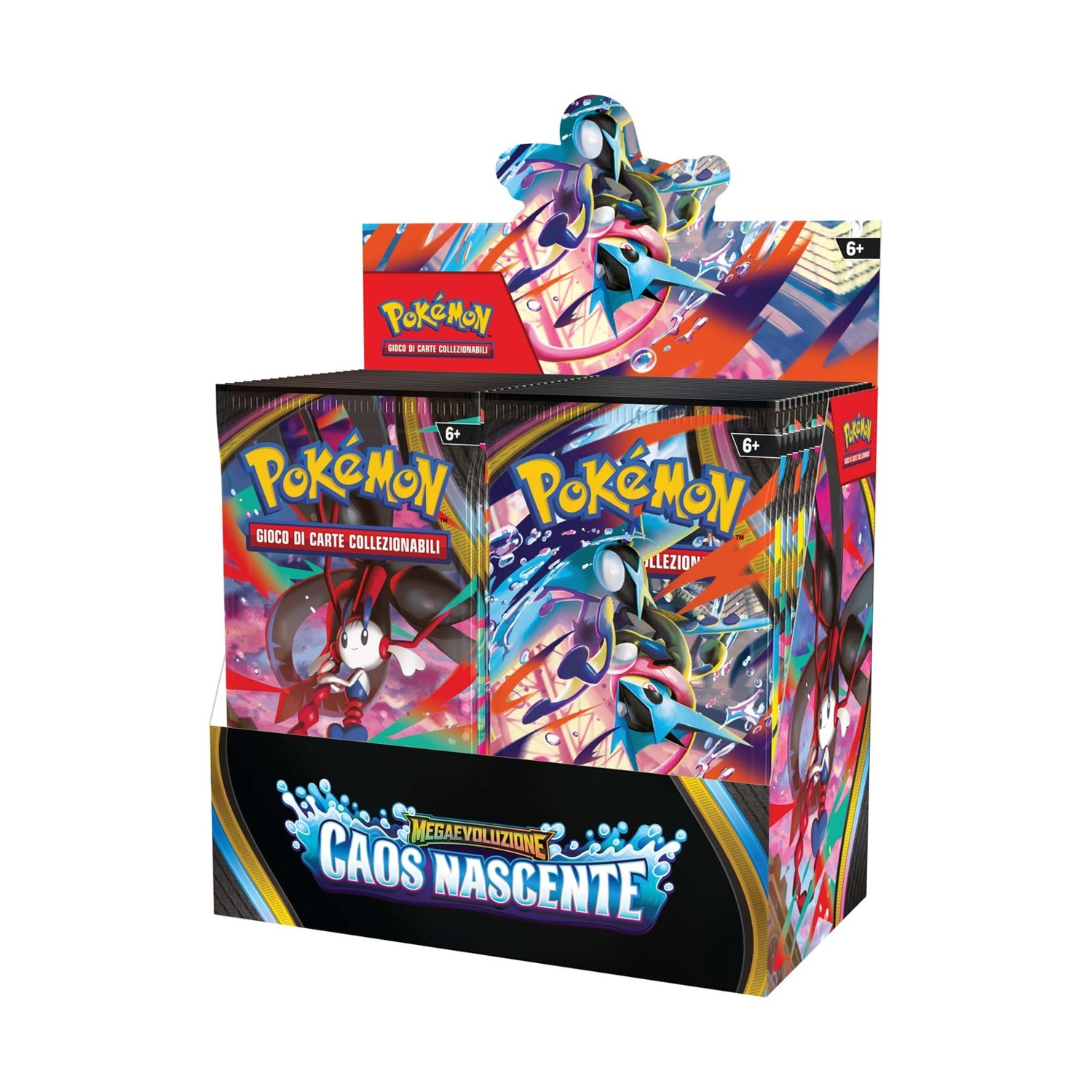 Box di carte collezionabili Pokémon, il fronte presenta varie illustrazioni Pokémon.