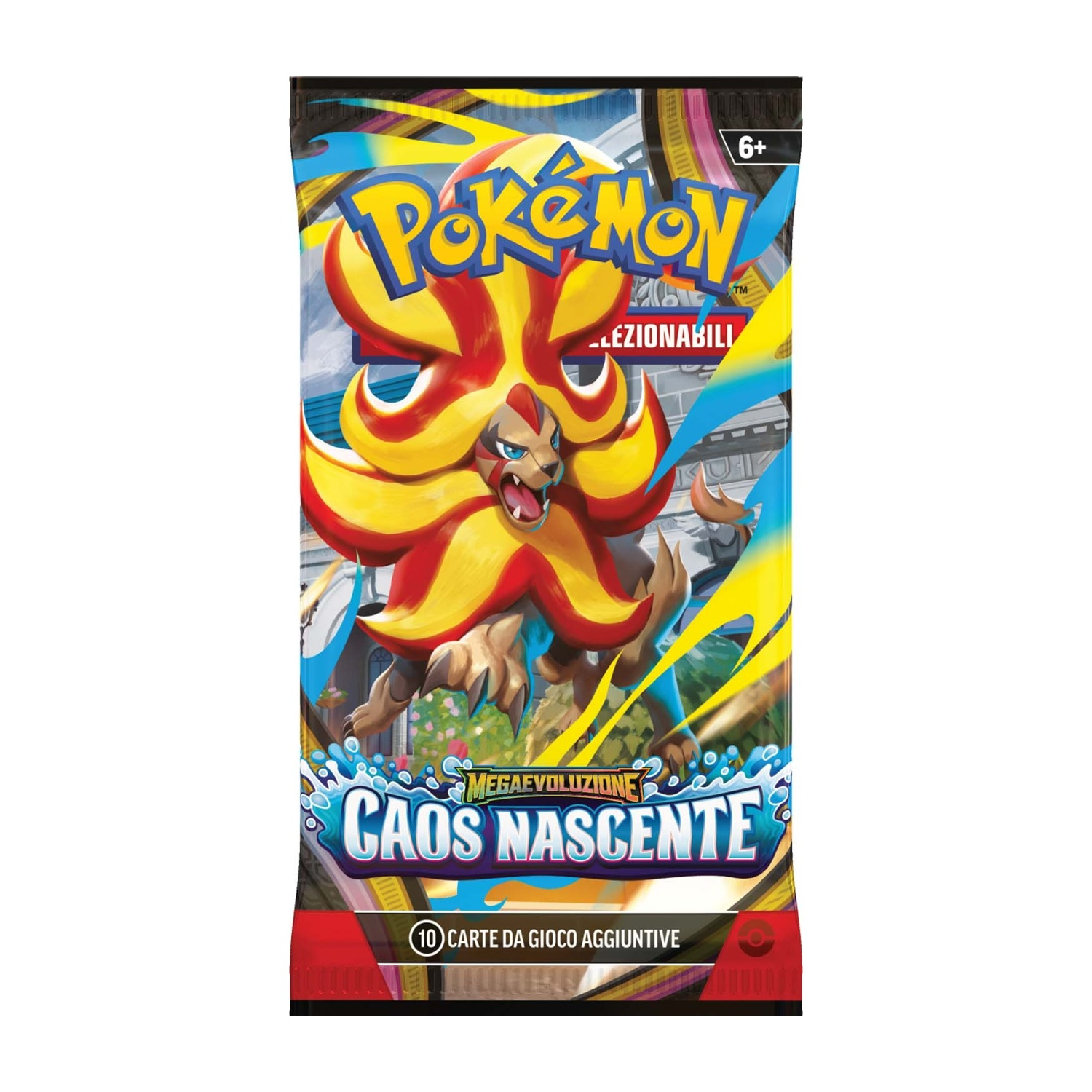 Confezione di carte collezionabili Pokémon con creatura leonina e testo "Caos Nascente".