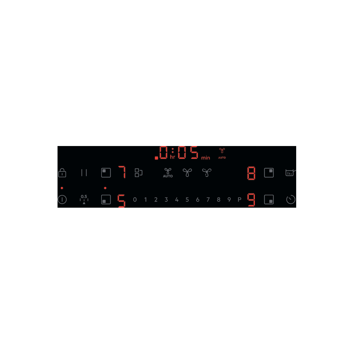 Digitális főzőlap kijelző piros számokkal. Időzítő: 0:05.