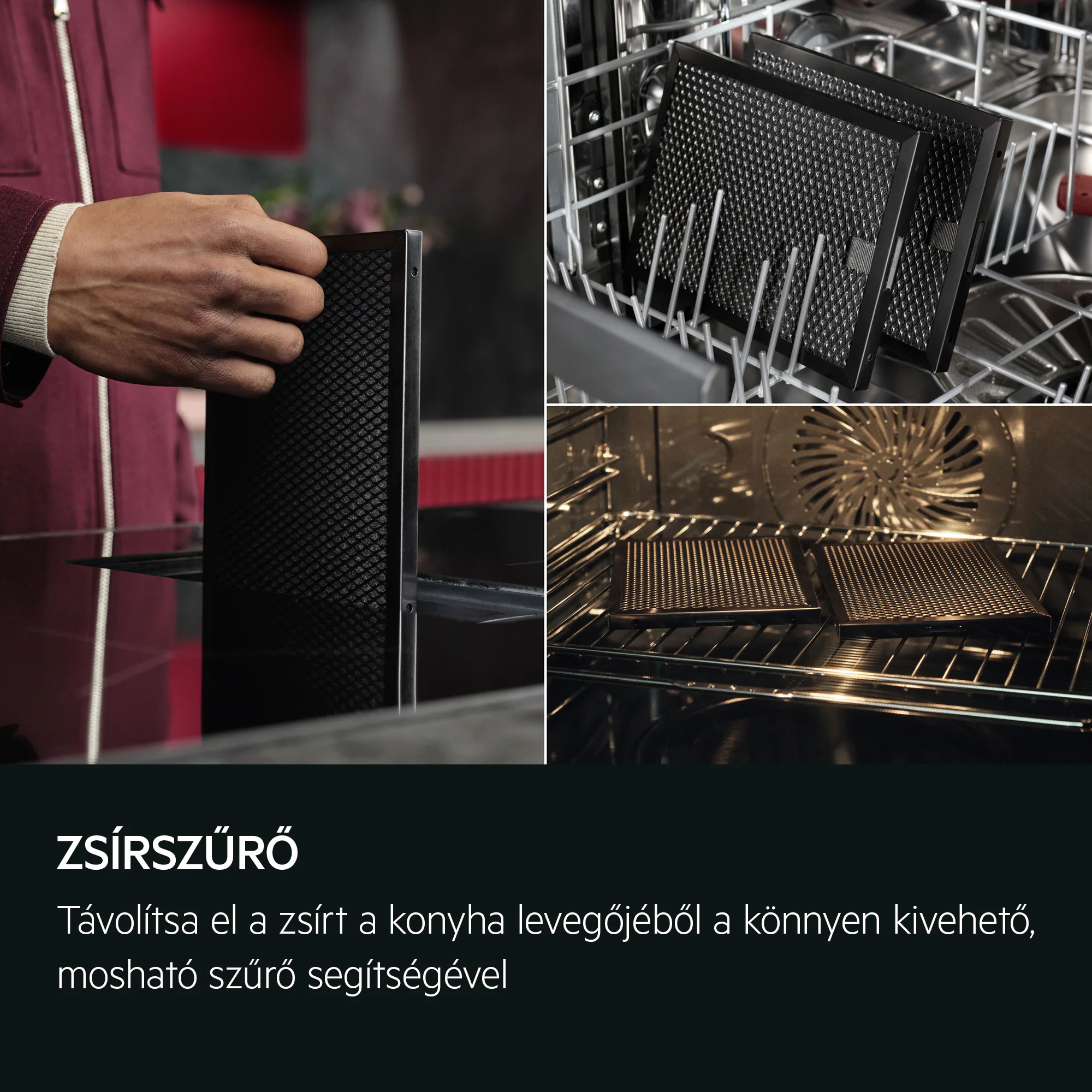 Kéz zsírszűrőt tart; szűrő mosogatógépben; szűrő sütőben.